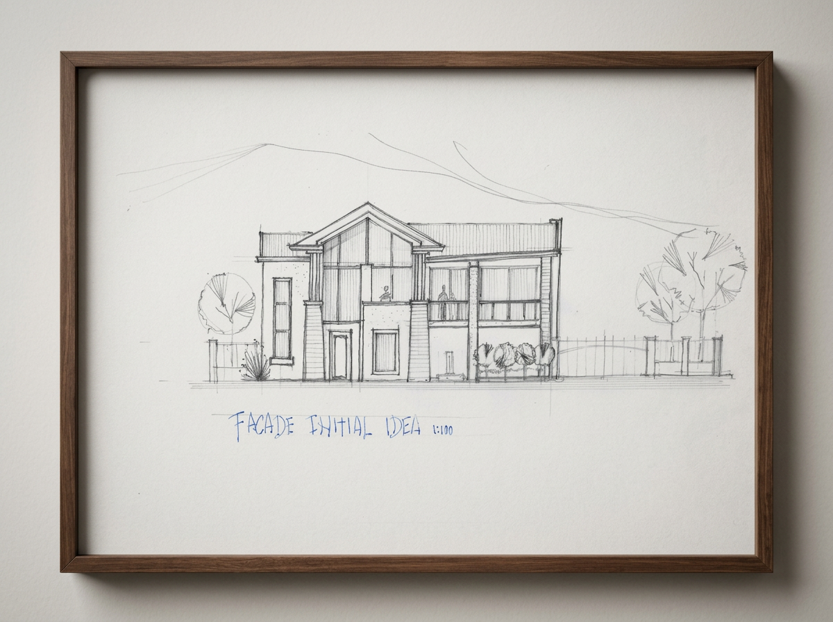 Architectural sketch of a house facade with trees, labeled 'Facade Initial Idea'.