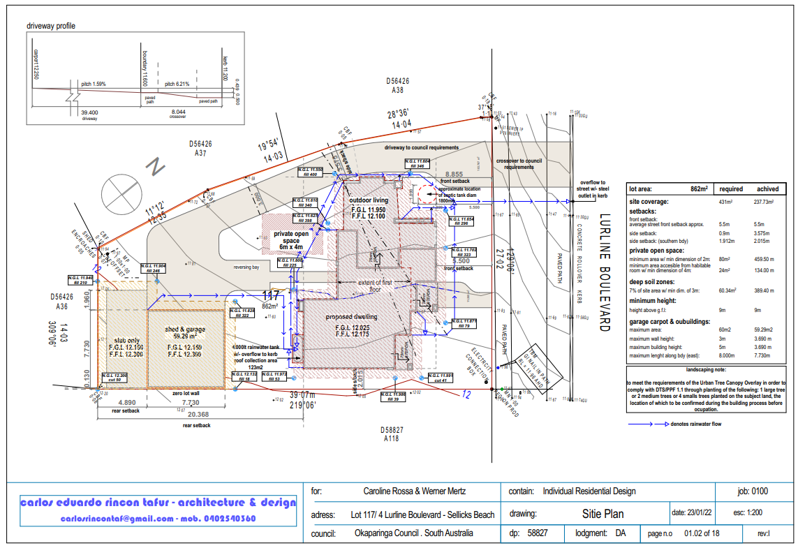 Site plan layout showing property boundaries, proposed dwelling, sheds, garage, driveway, rainwater tank, and setbacks. Includes measurements, elevation details, and landscaping notes.