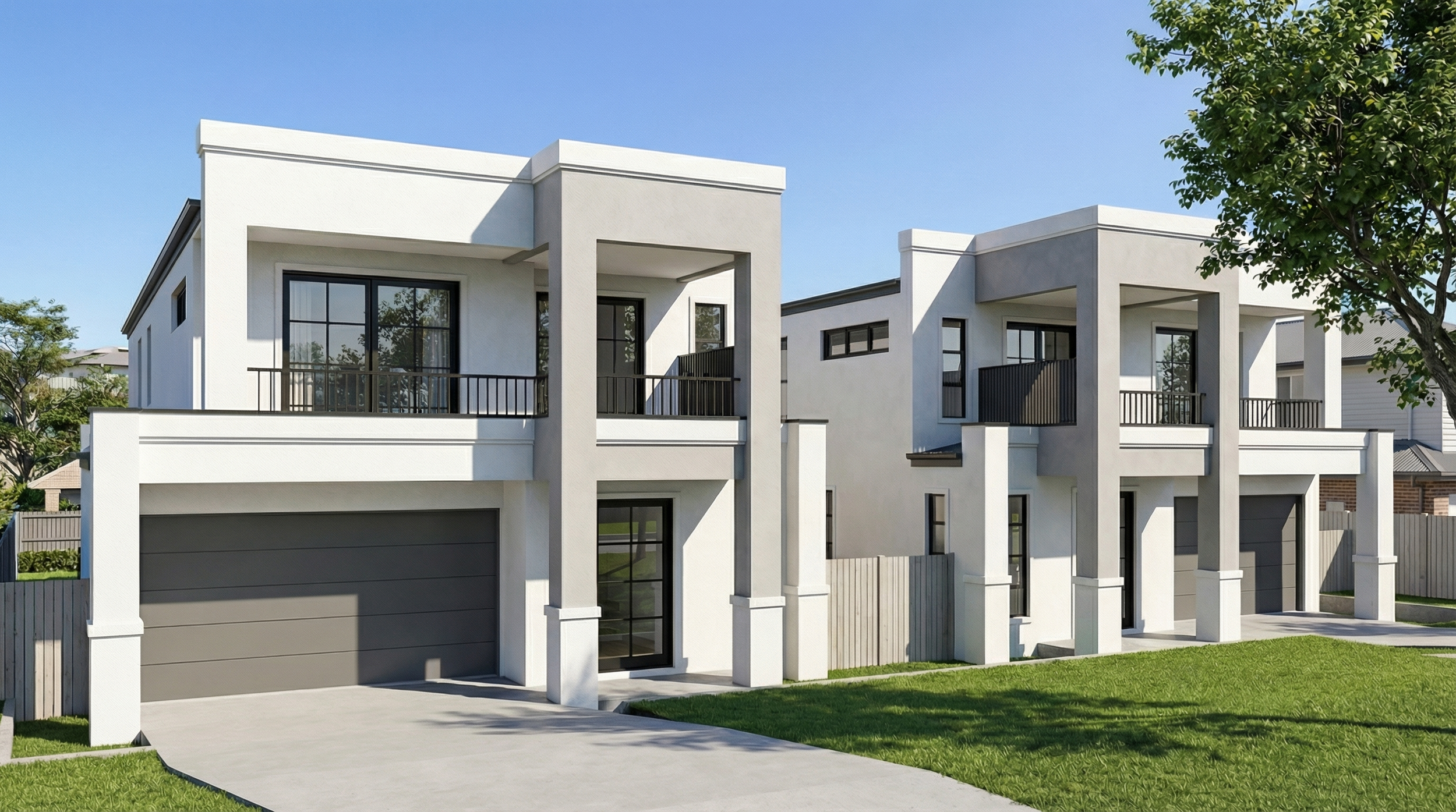 Modern white residential building with black-framed windows and balconies, surrounded by green lawn and trees, clear blue sky.