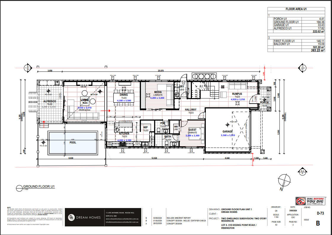 Architectural floor plan of a house, including rooms like porch, garage, kitchen, living room, pool, bedrooms, bathrooms, media room, and outdoor spaces, with dimensions and labels.