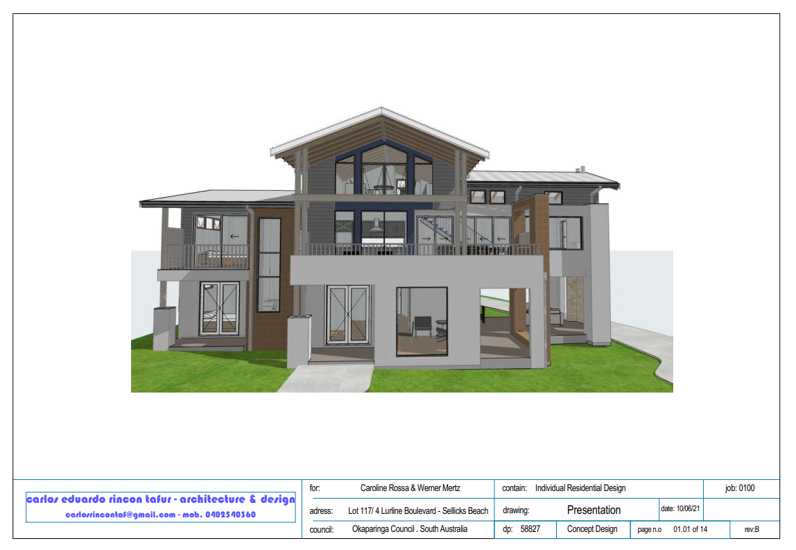 Render of a modern multi-story house with large windows, a balcony, and a combination of wooden and concrete exterior materials, situated on a grassy lot.