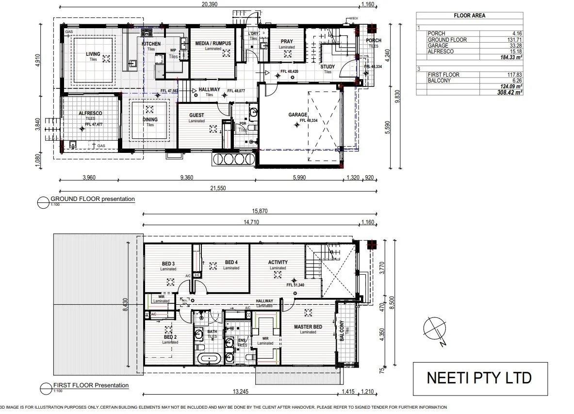 Architectural floor plan of a two-story house showing layout for ground and first floors, including rooms such as living, kitchen, dining, guest room, garage, media room, study, bedrooms, bathrooms, and balconies, with measurements and annotations.
