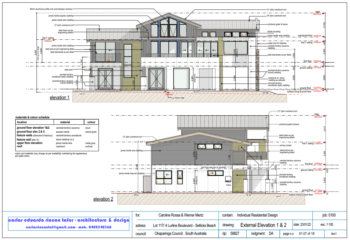 Architectural blueprint of a two-story residential building showing front and side elevations, detailed with window and door placements, materials, and construction notes.