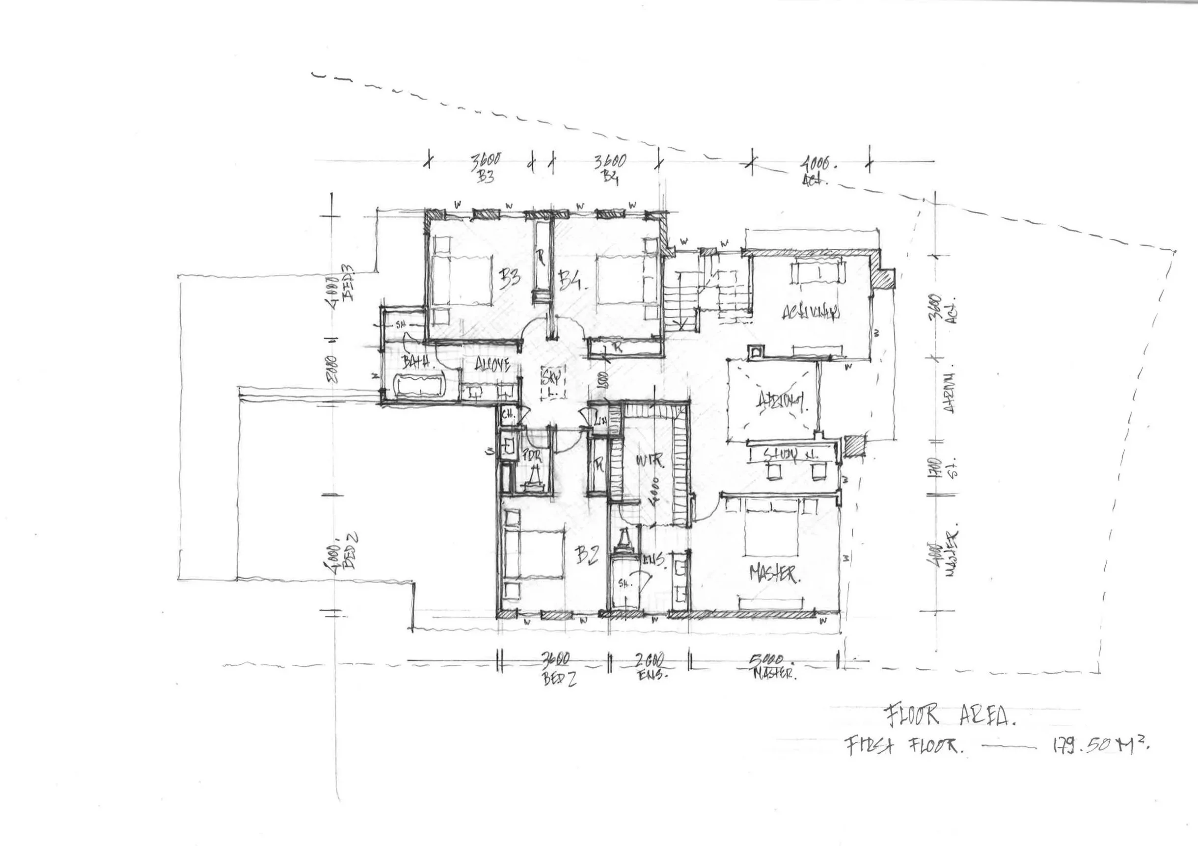 A detailed architectural floor plan sketch of a residential house with room labels, measurements, and design notes.