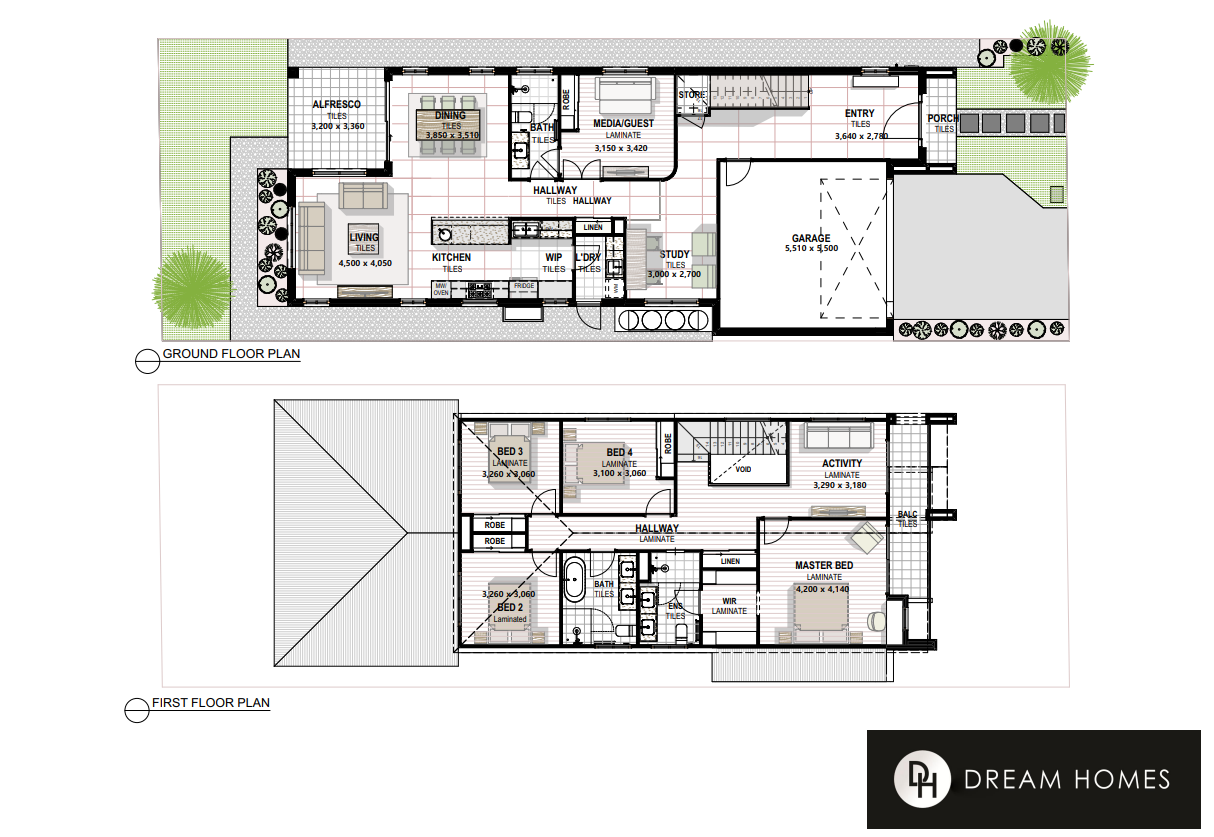 Floor plan of a two-story project home with labeled rooms, including living room, kitchen, dining area, garage, bedrooms, bathrooms, and outdoor spaces. The plan details dimensions, room types, and layout.