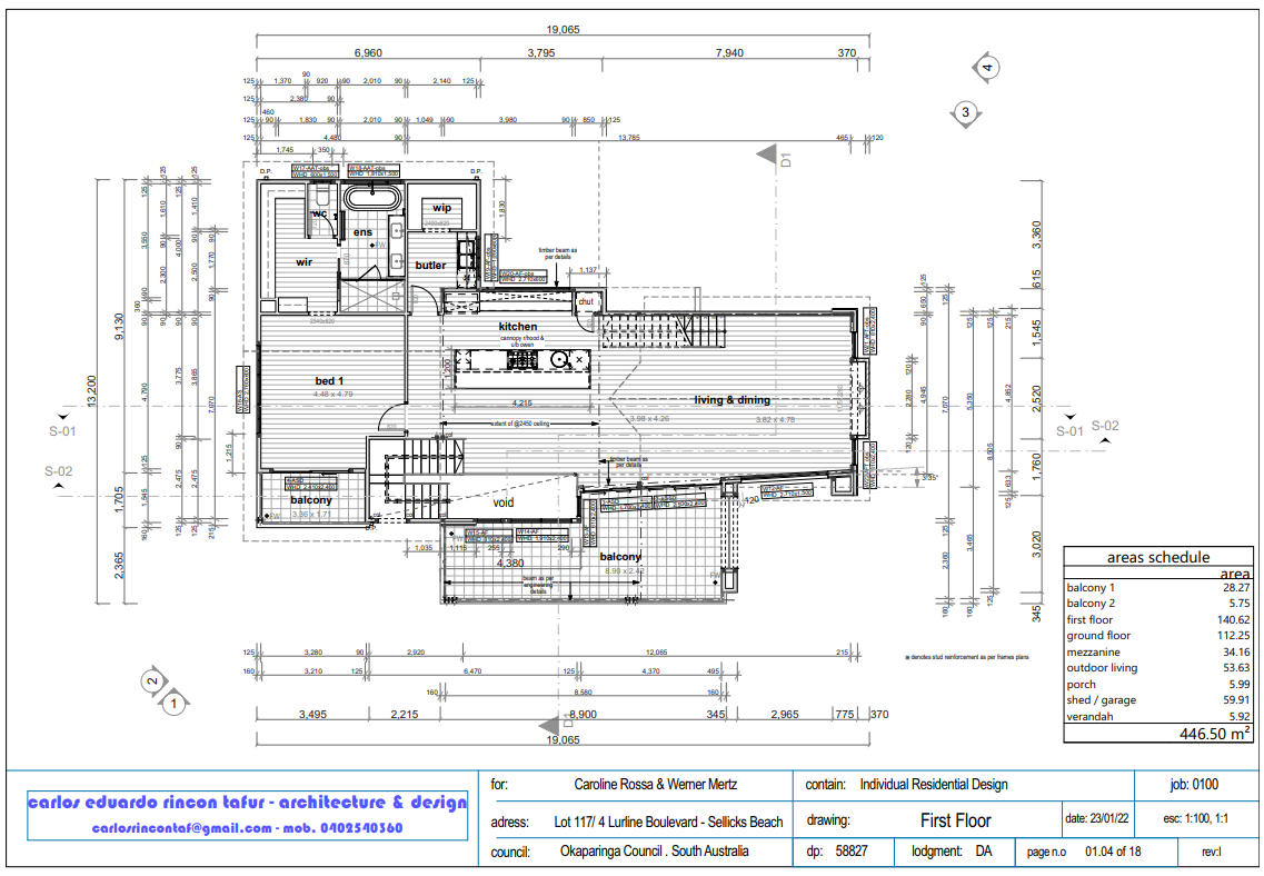 Architectural floor plan of a residential house's first floor, showing room layouts, dimensions, balconies, and detailed measurements.