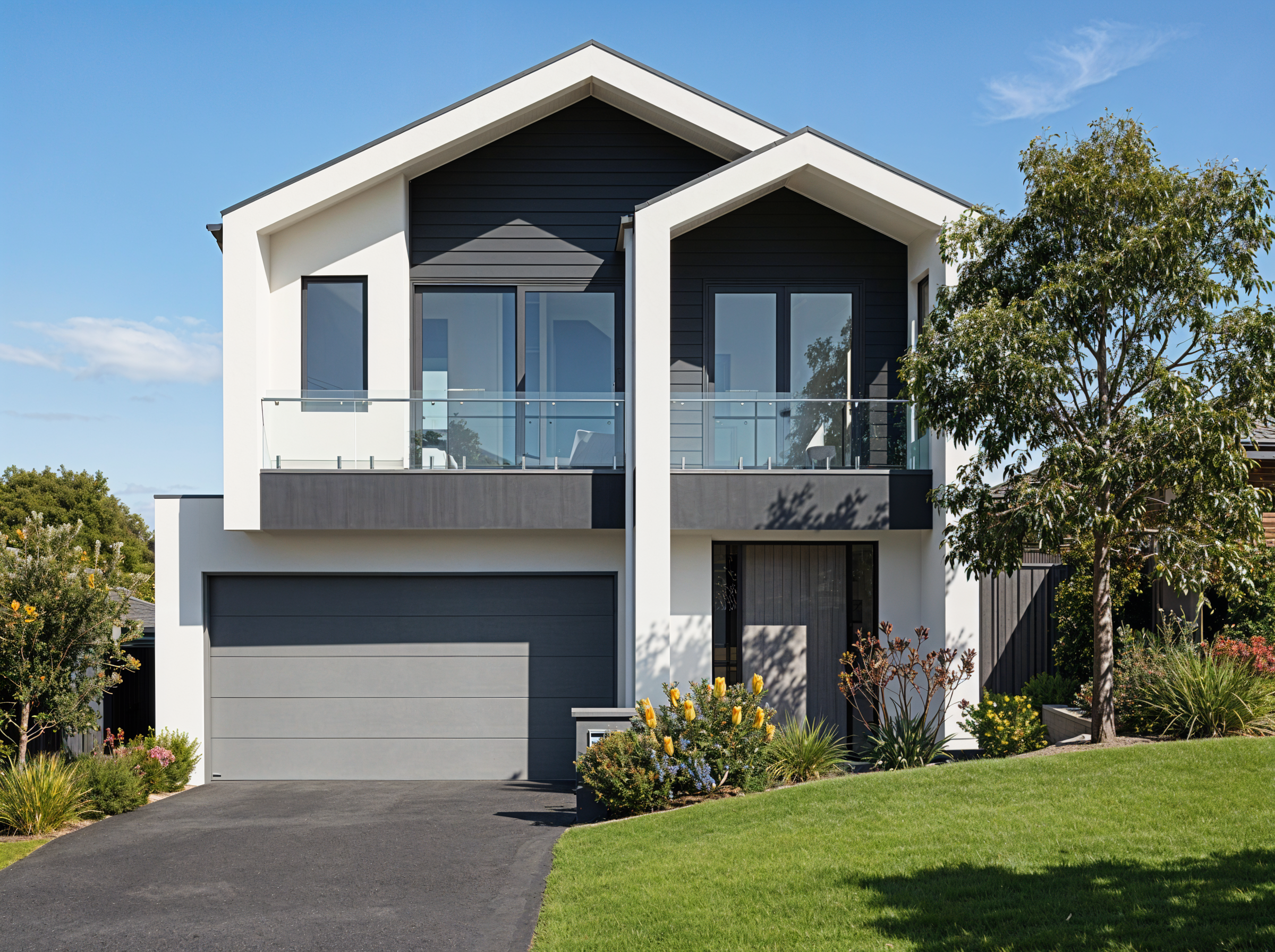 Modern two-story house with black and white exterior, large glass balcony doors, a black garage door, and a landscaped front yard with various plants and a green lawn under a clear blue sky.