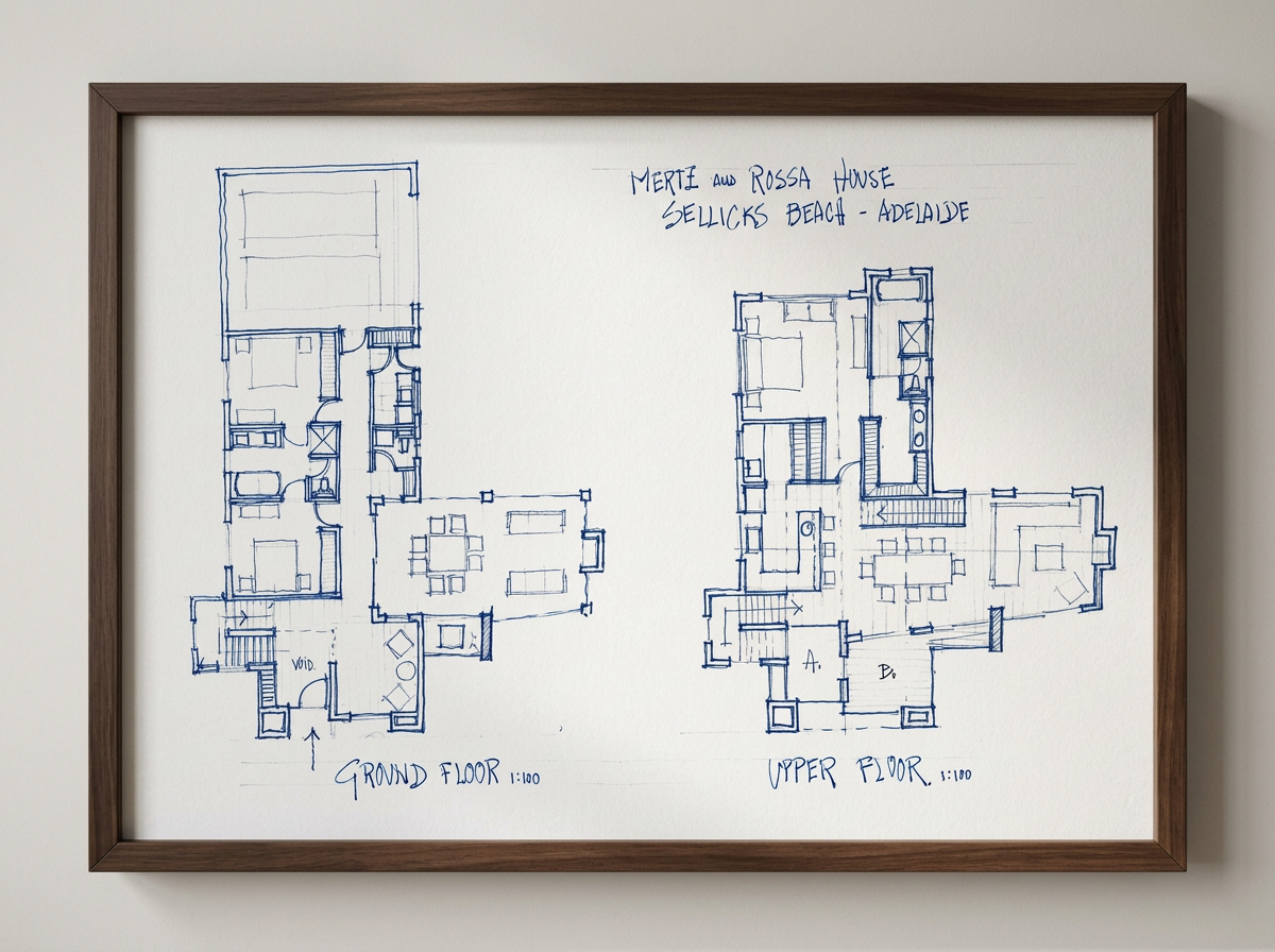 Blueprint of a two-story house with labeled ground and upper floors, notes indicating location at Sellicks Beach in Adelaide, and titles for each floor with scale notations.
