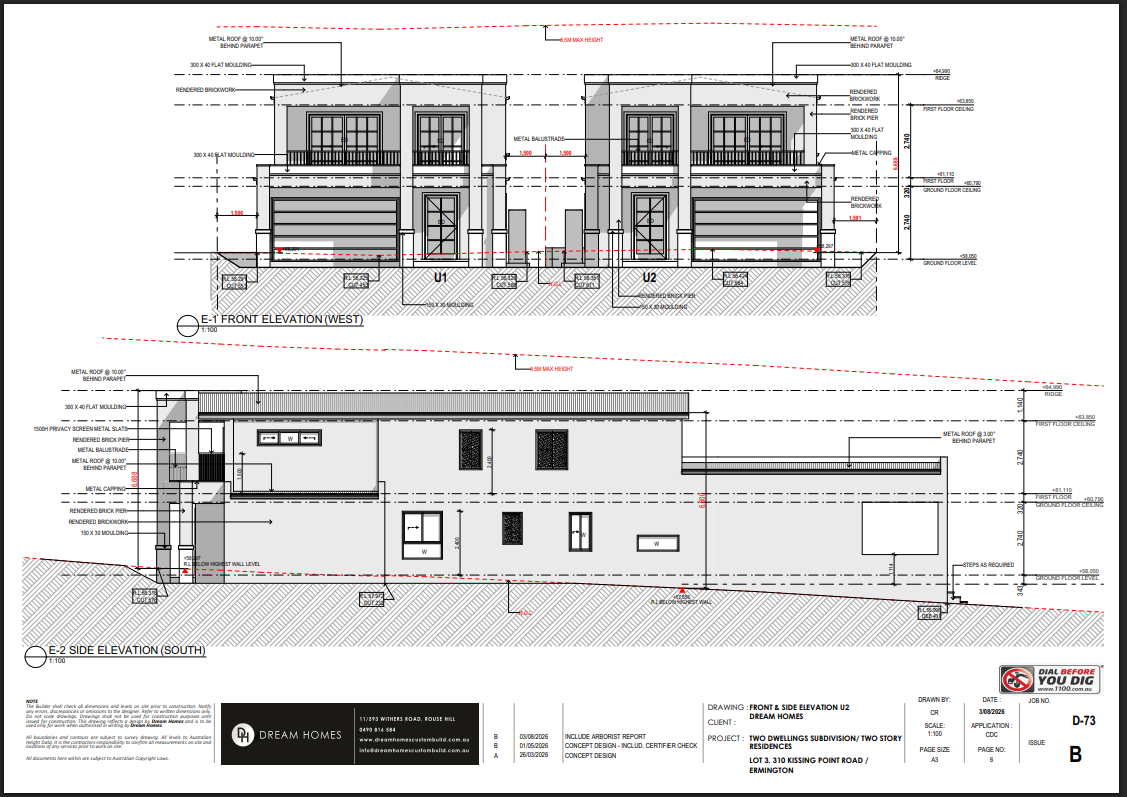 Architectural drawing of a two-story duplex with front and side elevations, showing detailed measurements, roof design, garage, windows, doors, balconies, and construction annotations.