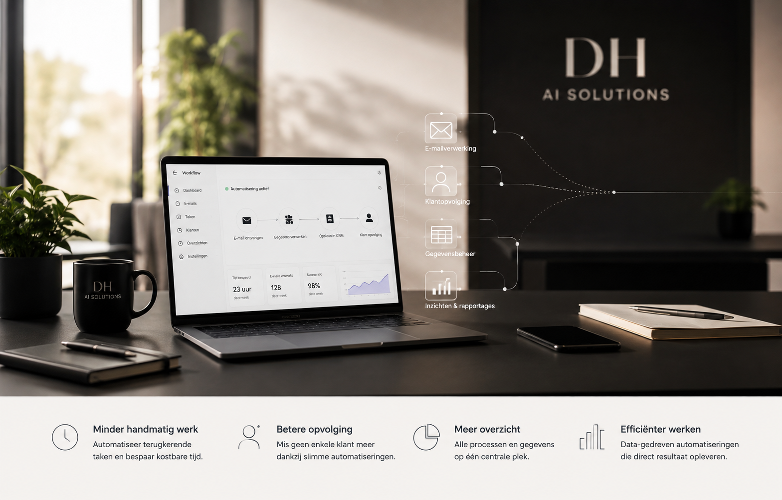 DH AI Solutions werkplek met AI automatisering, data-integratie en digitale workflows