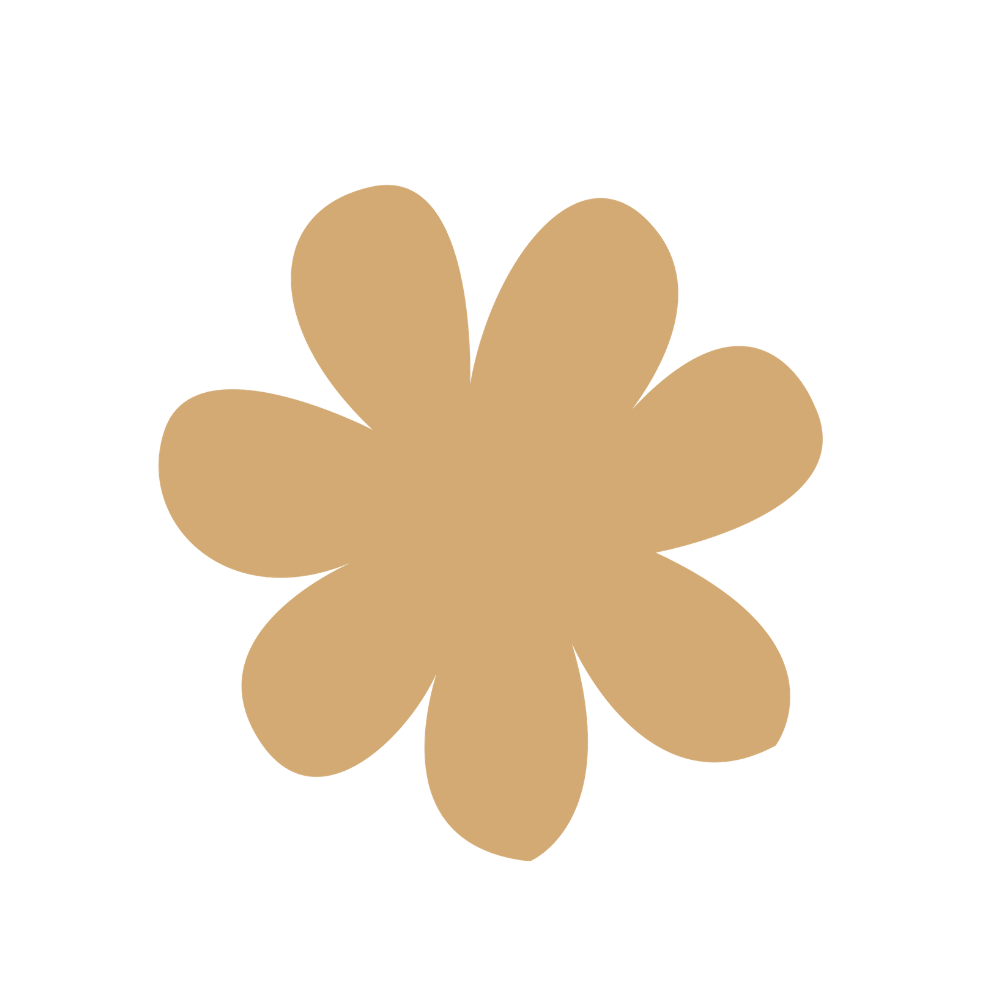 A beige, cartoon-style flower with rounded petals, set against a transparent background.