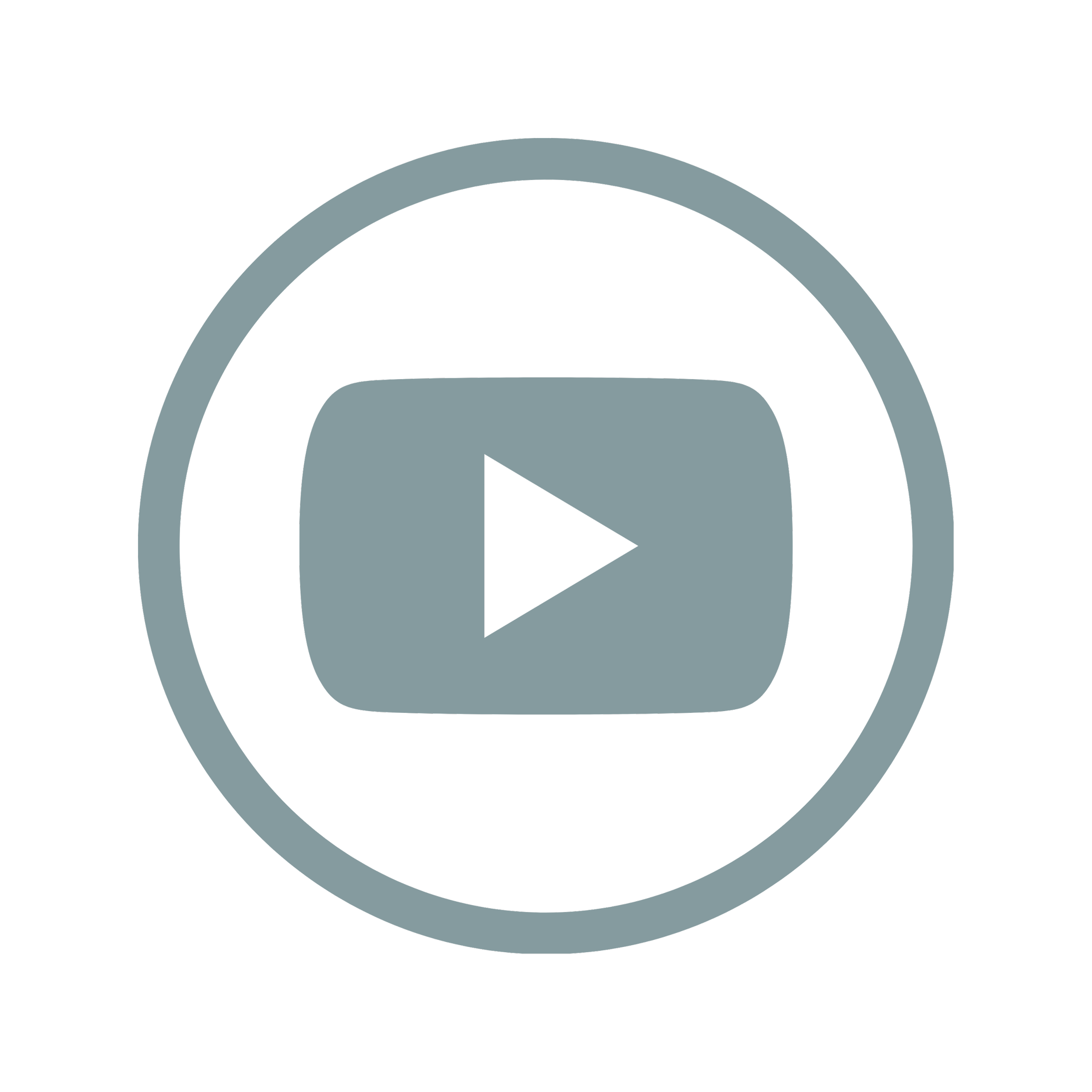 Gray YouTube play button icon inside a gray circle on a black background.