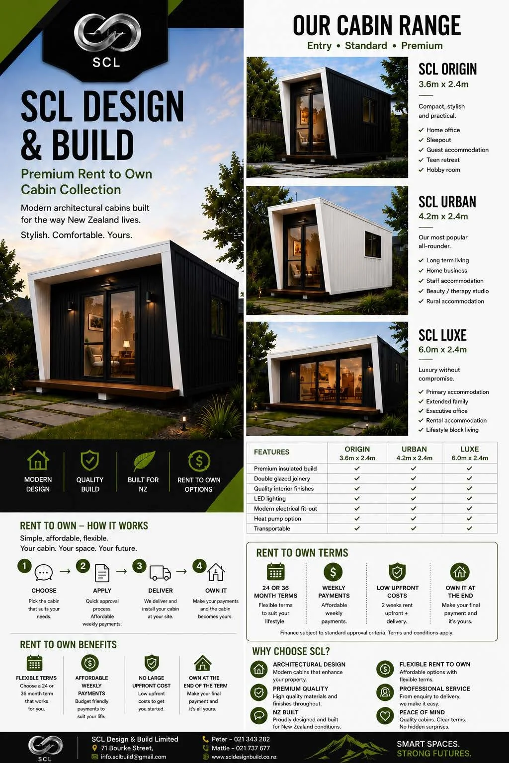 An informational poster for SCL cabin range, showcasing three modern, compact cabins: SCL Origin, SCL Urban, and SCL Luxe. Each cabin has a photo, dimensions, and features listed. The poster emphasizes modern design, quality build, and flexible rent-to-own options.