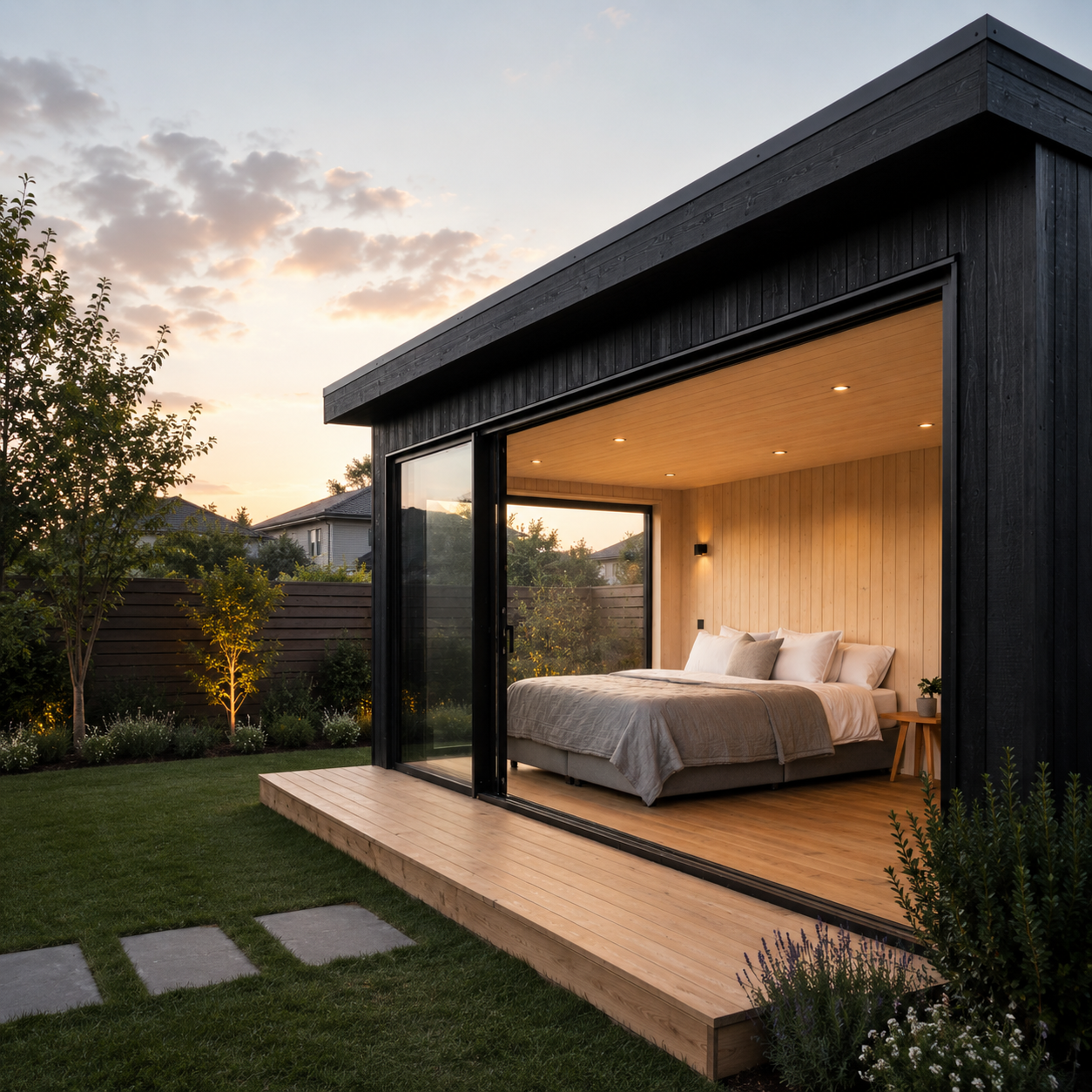 Modern black exterior tiny house with large glass sliding doors opening to a bedroom with wooden walls and ceiling, furnished with a bed, pillows, and a small side table with a plant, surrounded by a landscaped yard at sunset.