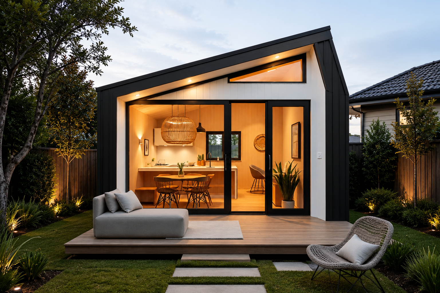 Modern tiny house with large glass sliding doors, a small outdoor deck, and cozy outdoor seating, situated in a landscaped backyard.