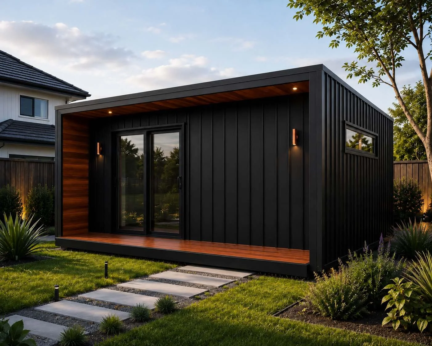 Modern tiny house with black exterior, sliding glass door, wooden porch, and small side window, in a landscaped backyard.