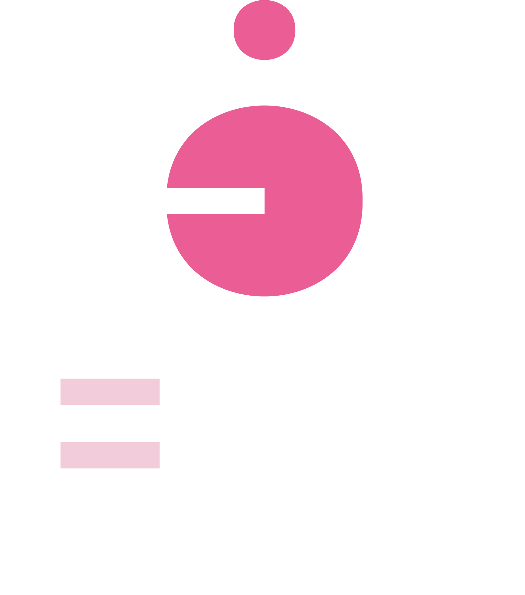 Pink abstract geometric shape with a large circle, three smaller squares, and a horizontal bar on a white background.