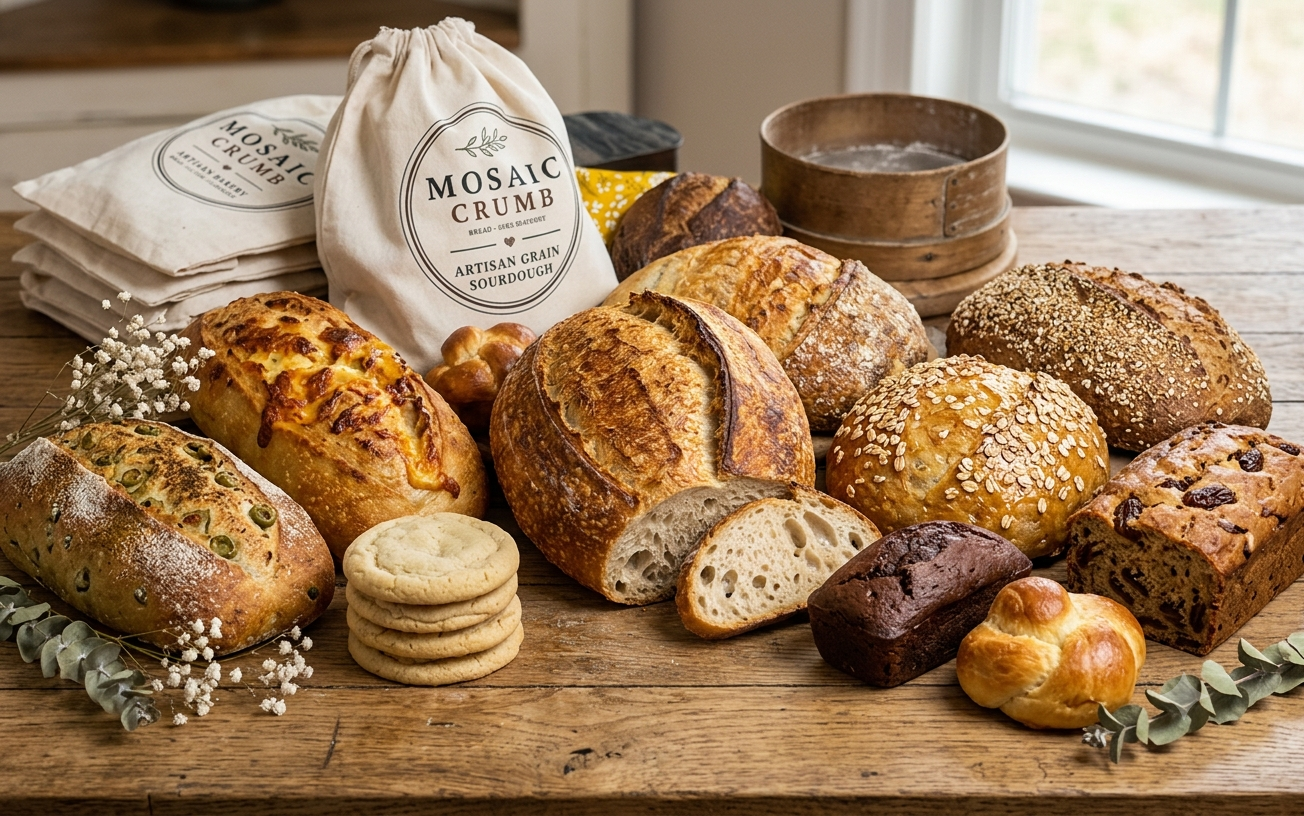 assortment of various breads and baked goods on a wooden table, with bakery bags, cookies, and decorative foliage.