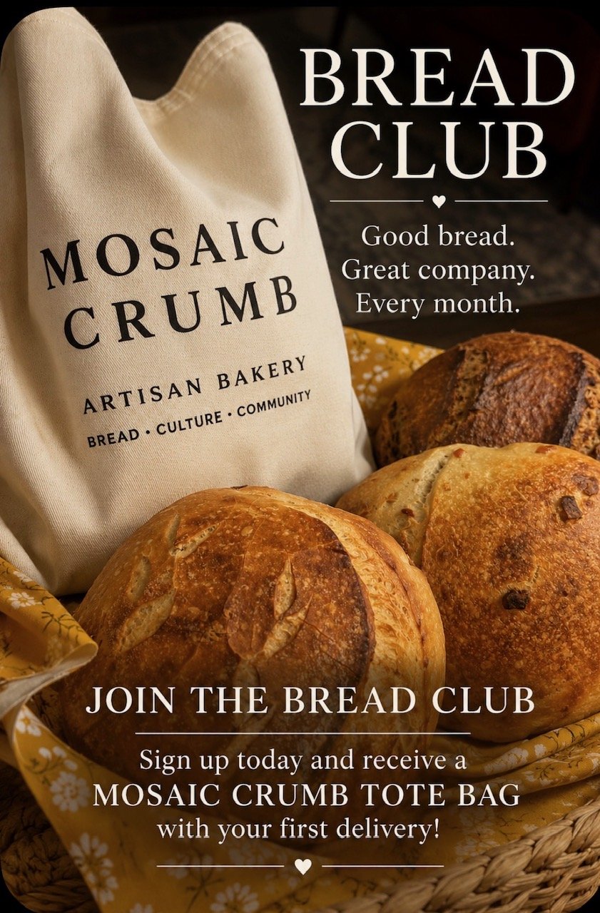 A promotional image for Mosaic Crumb bakery featuring three loaves of bread in a basket and a cloth bag with the bakery's name. Text promotes joining the Bread Club to receive a Mosaic Crumb tote bag with the first delivery.