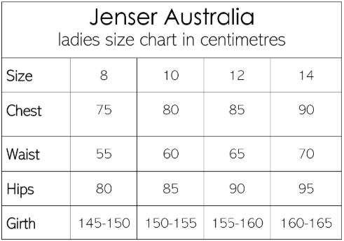 Ladies' size chart from Jenser Australia showing measurements in centimeters for sizes 8 to 14, including chest, waist, hips, and girth.