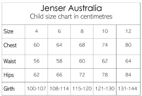 Child size chart in centimeters from Jenser Australia, showing measurements for chest, waist, hips, and girth for sizes 4, 6, 8, 10, and 12.