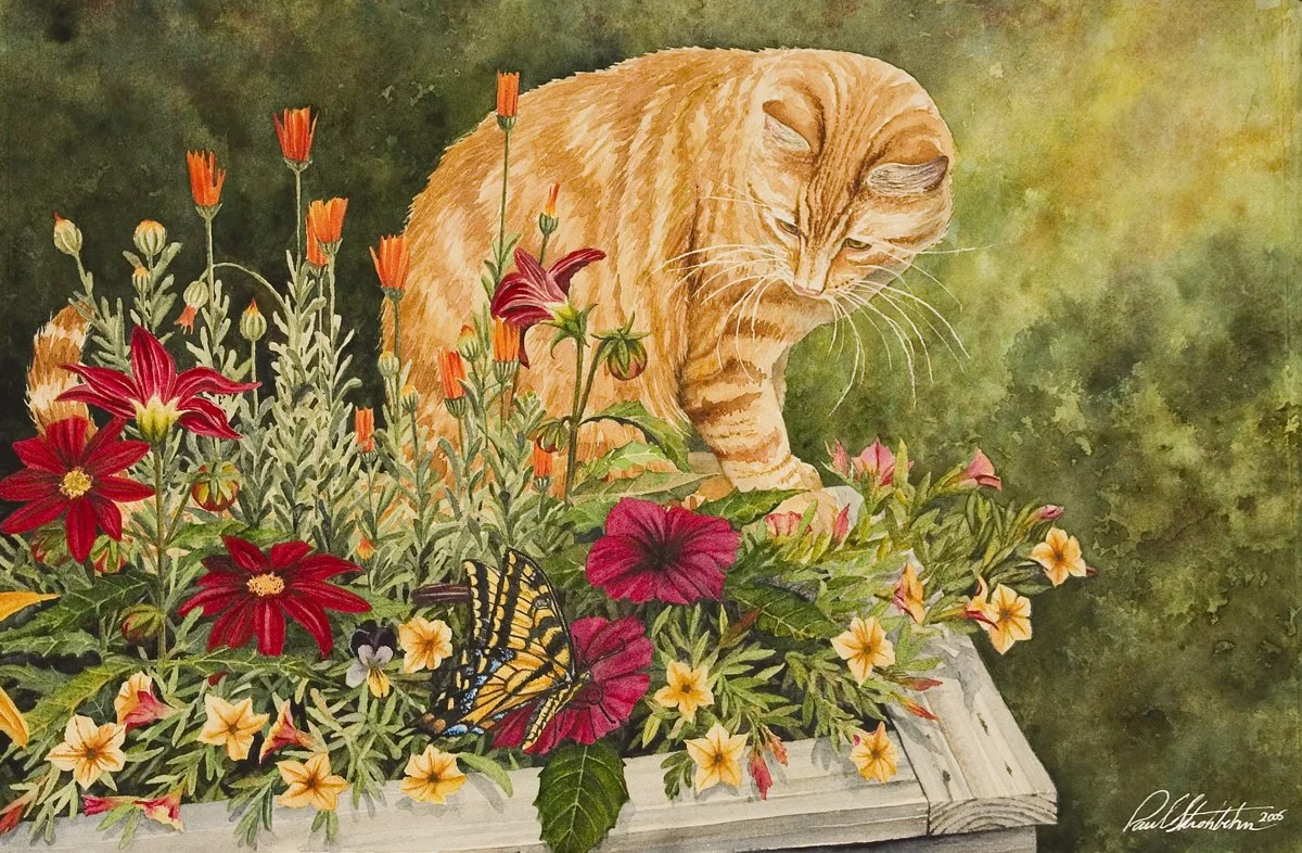 Painting of an orange tabby cat looking down at colorful flowers and a butterfly in a garden setting.