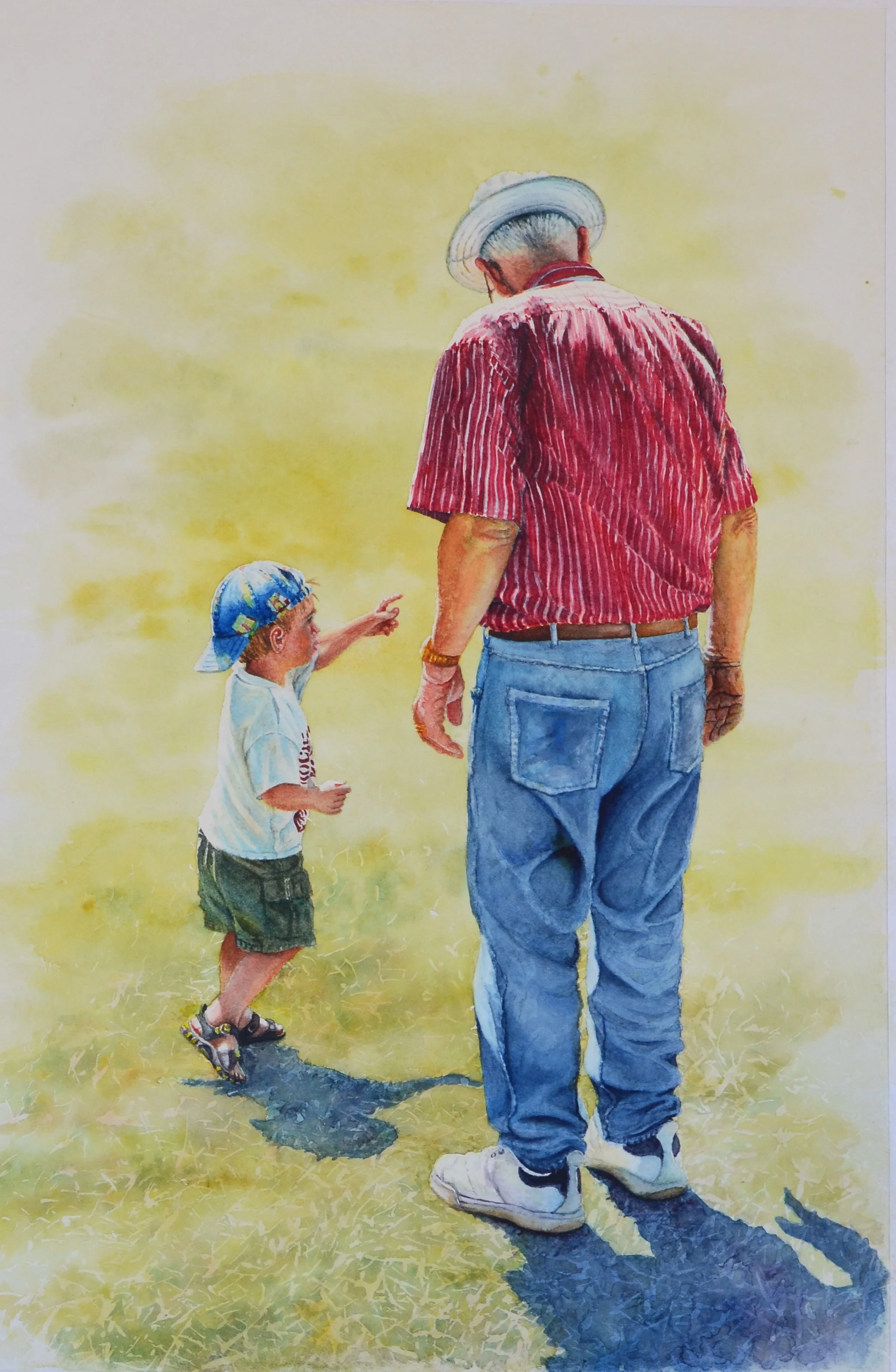 A watercolor painting of a man and a young boy walking on grass, with the boy pointing at the man.