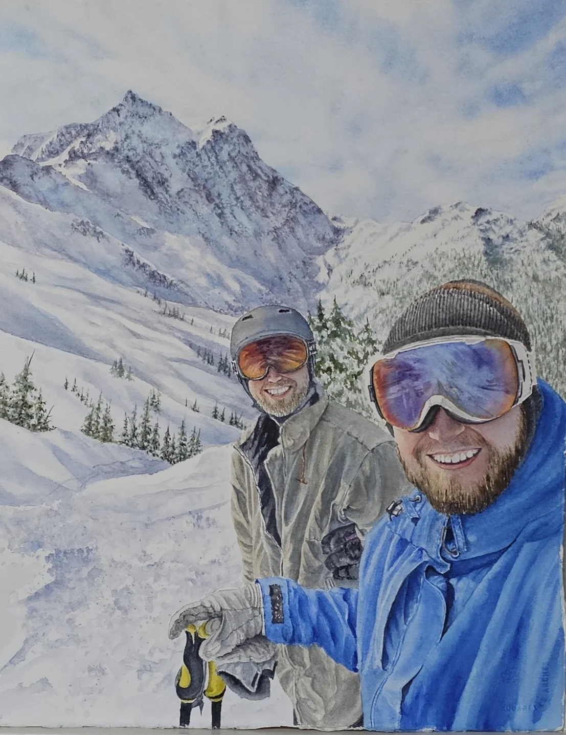 A watercolor painting of two smiling men wearing ski gear, standing in a snowy mountain landscape with tall, snow-covered peaks and evergreen trees in the background.