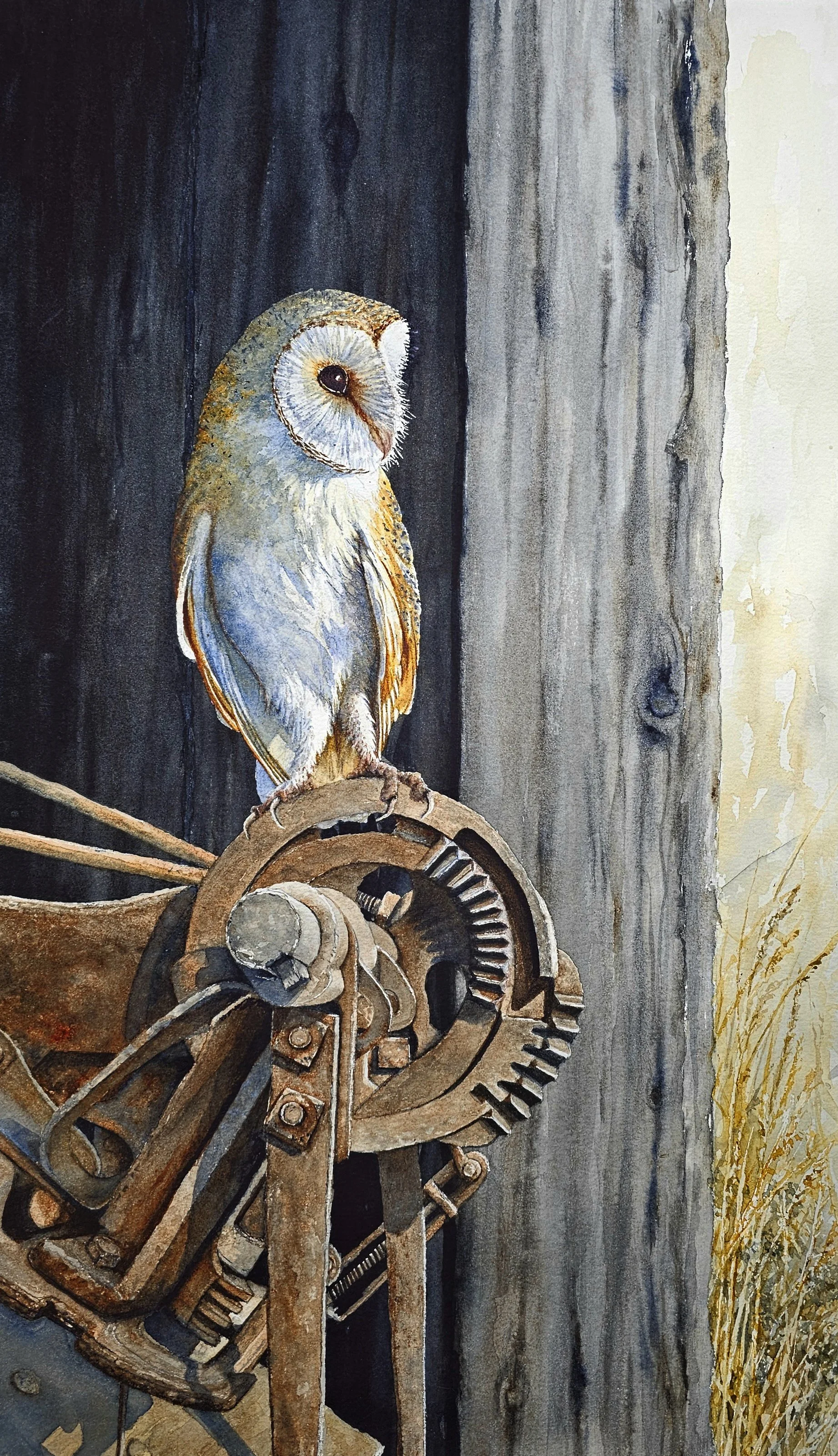 Watercolor painting of an owl perched on old mechanical gears against a dark wood background.