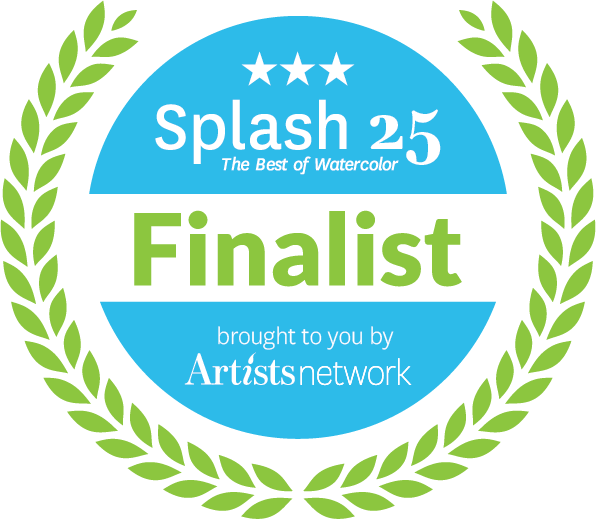 Award badge for Splash 25 Watercolor competition with three stars, blue and black background, green laurel wreath, and text indicating finalist status.