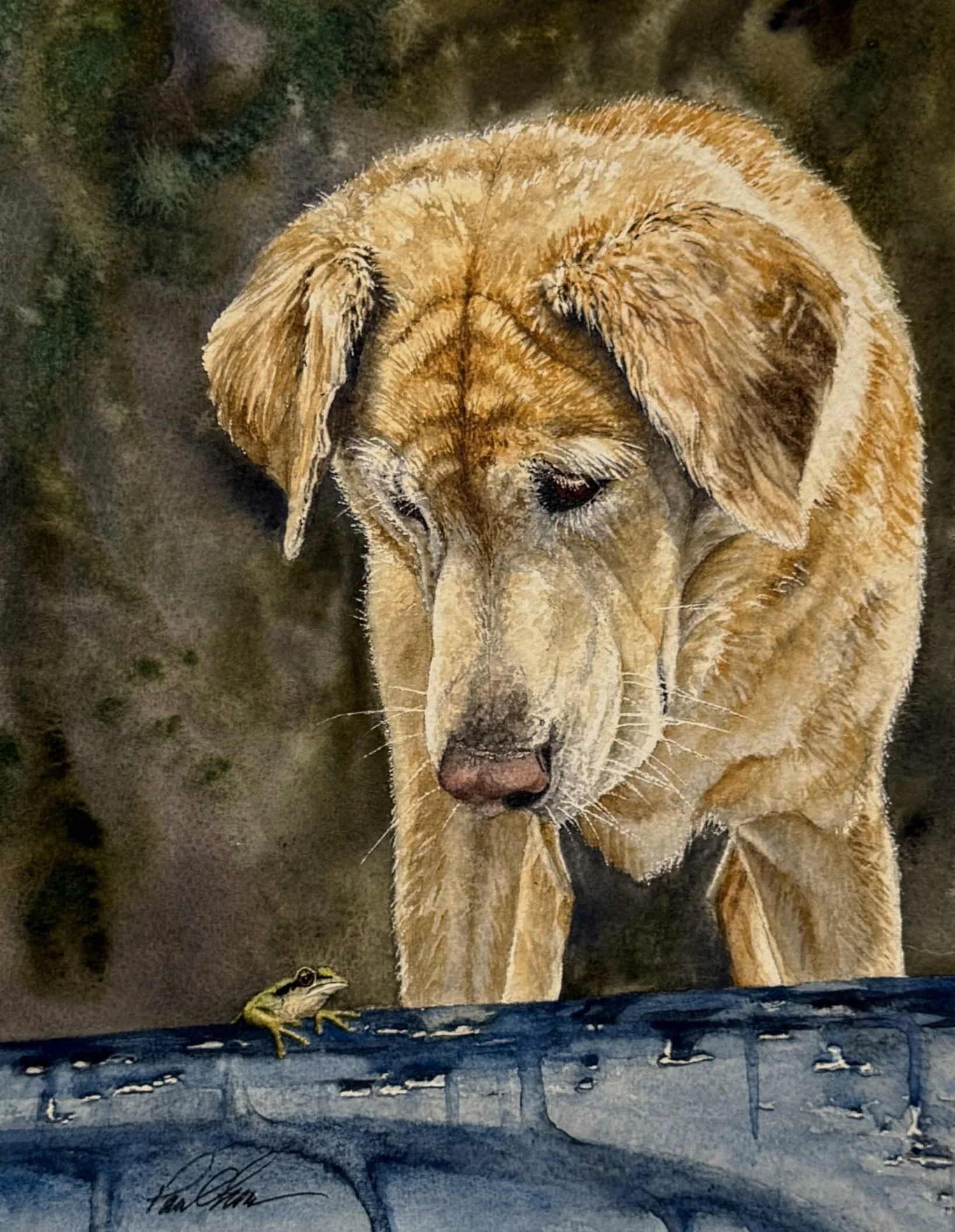 Painting of a brown dog with closed eyes sitting on a wooden surface next to a small yellow and black frog, with a background of dark and textured colors.