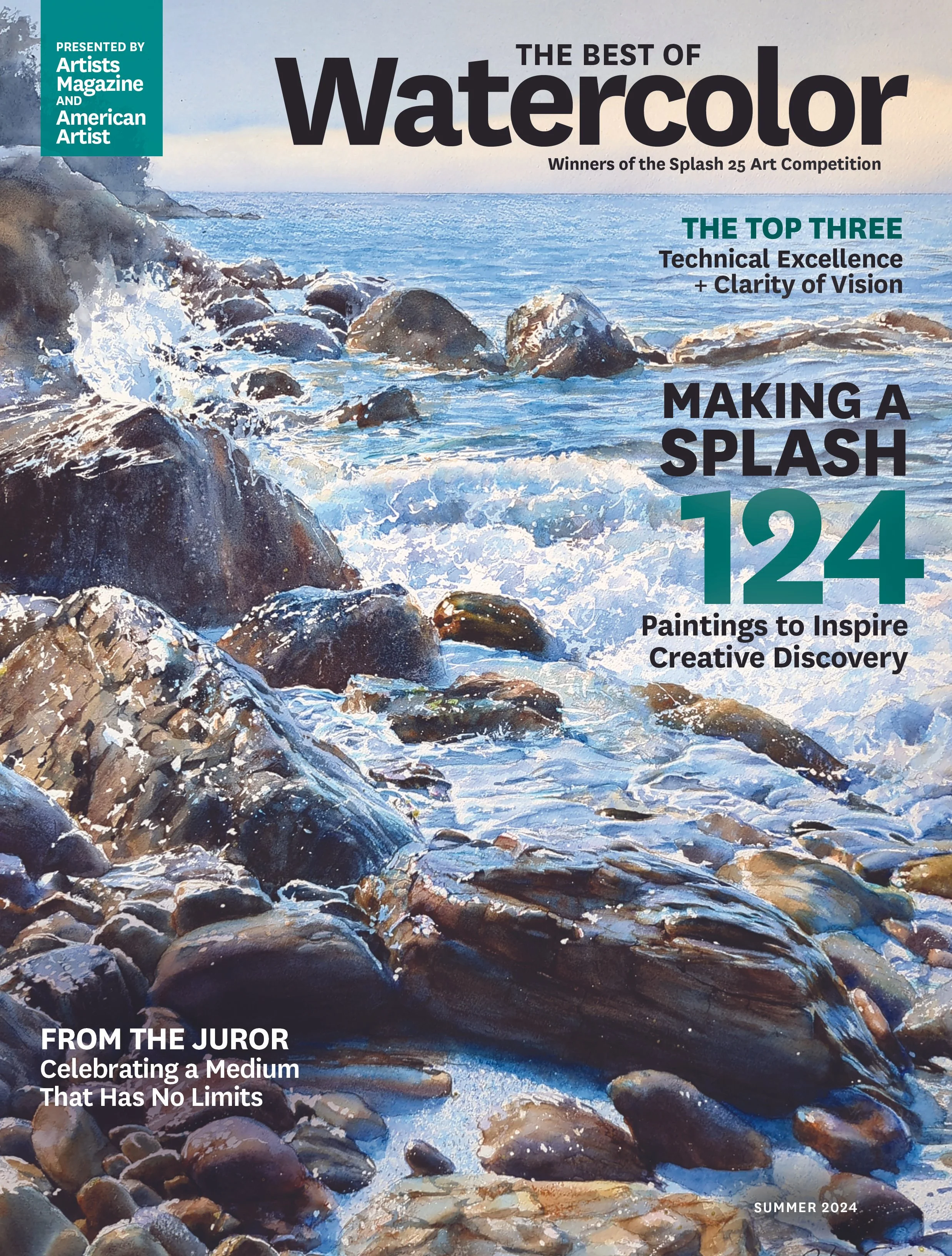 Cover of a magazine featuring a watercolor painting of a rocky shoreline with waves crashing against rocks and the ocean in the background. The text includes titles such as 'The Best of Watercolor,' 'Making a Splash 124,' 'From the Jury,' and 'Summer 2024.' There are additional text boxes highlighting awards and features.