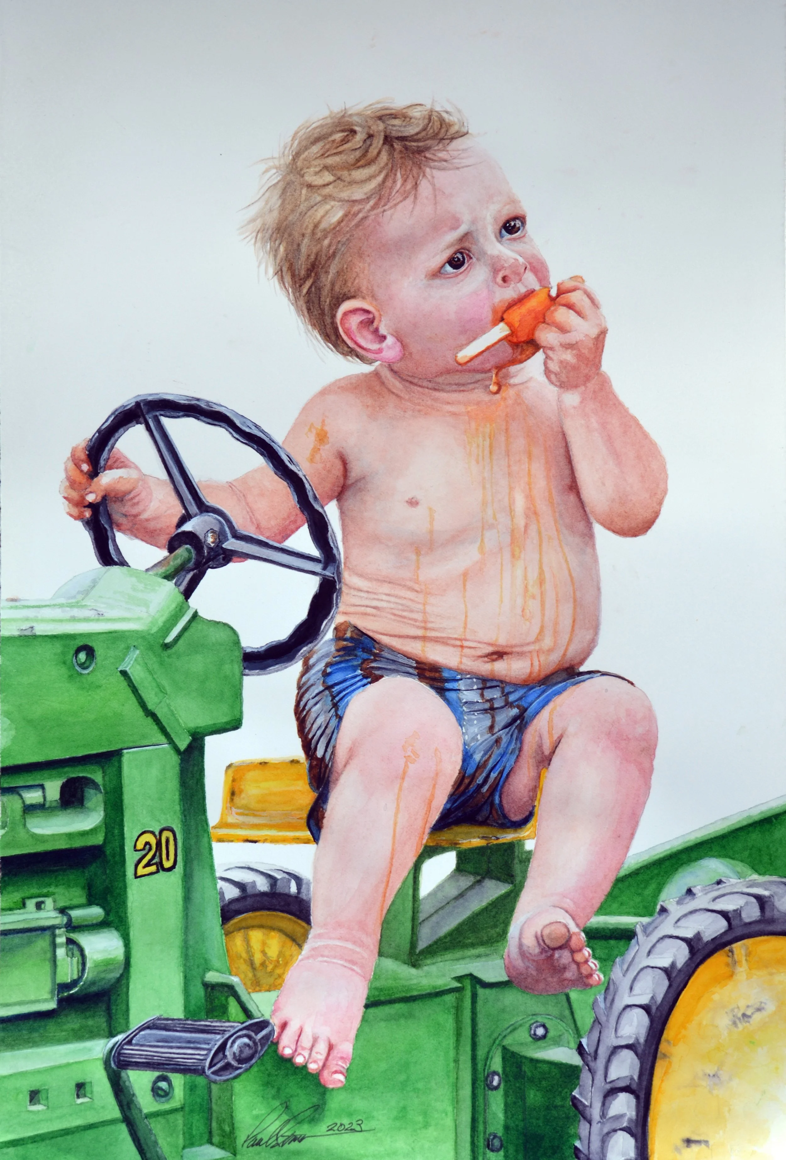 A realistic watercolor painting of a naked young boy with slightly curly short blond hair, sitting on a small green tractor. The boy is holding a popsicle with his right hand, chewing it, with some melted orange ice dripping down his face and chest. His left hand is on the tractor's steering wheel, and he looks upwards with a curious expression. The background is plain white.