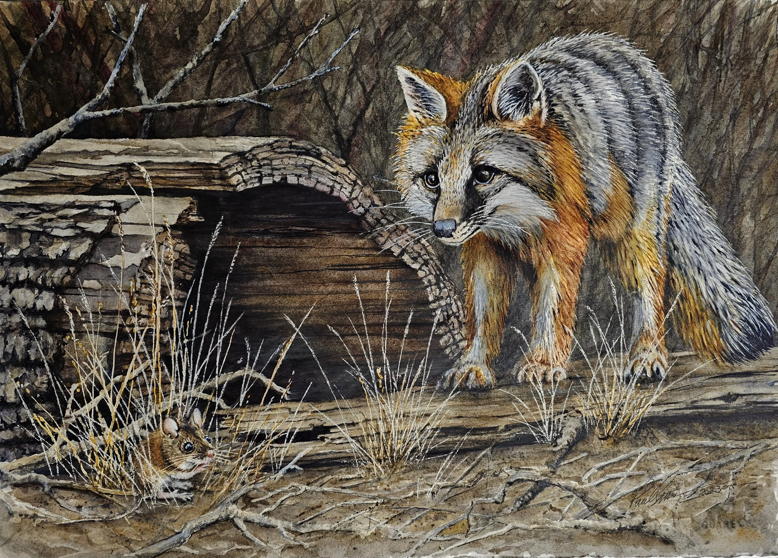 Painted image of a wolf and a smaller animal, possibly a fox or a similar creature, in a forest setting with trees and dry grass.