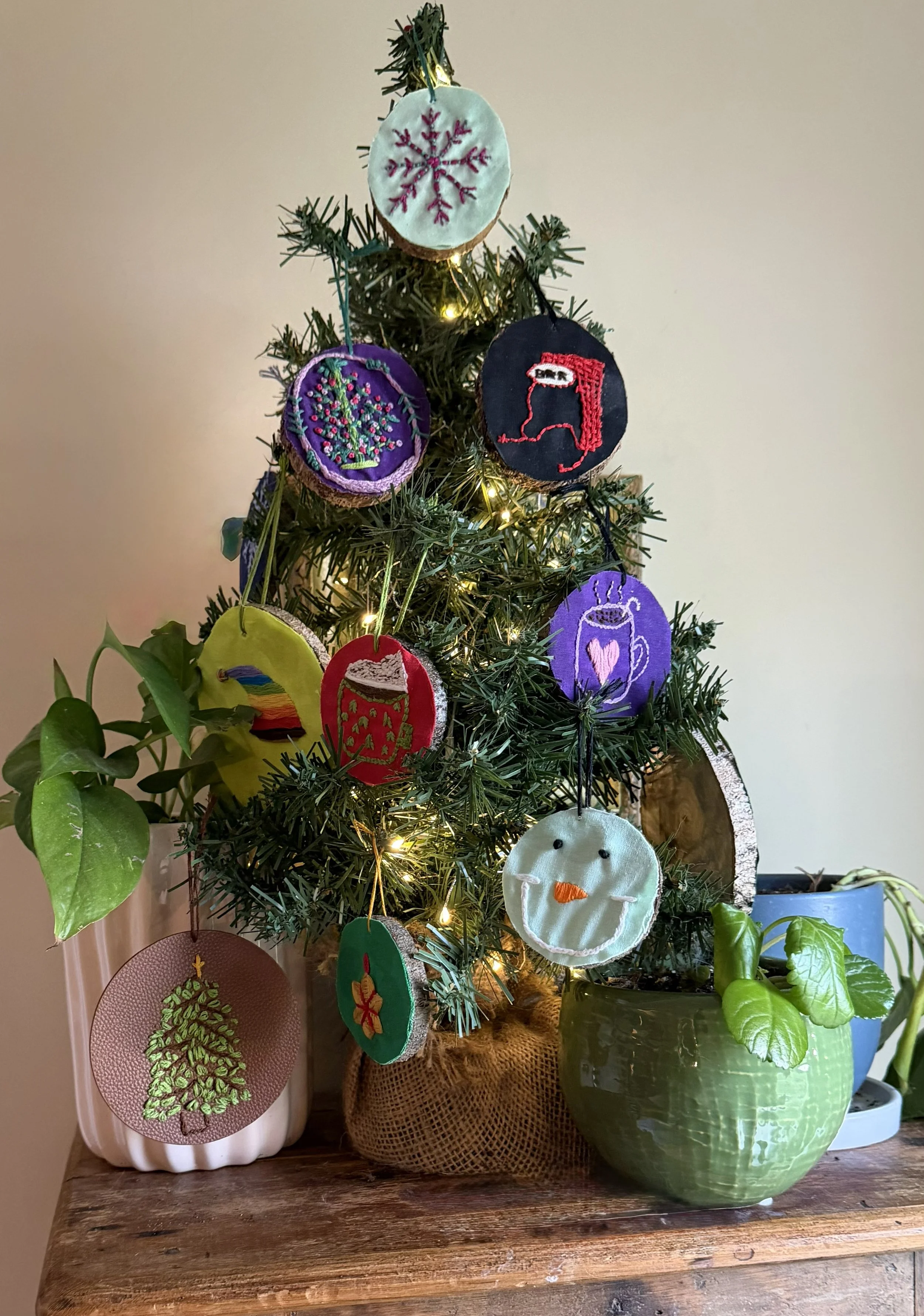 Hand-Embroidered Wood Disk Ornaments