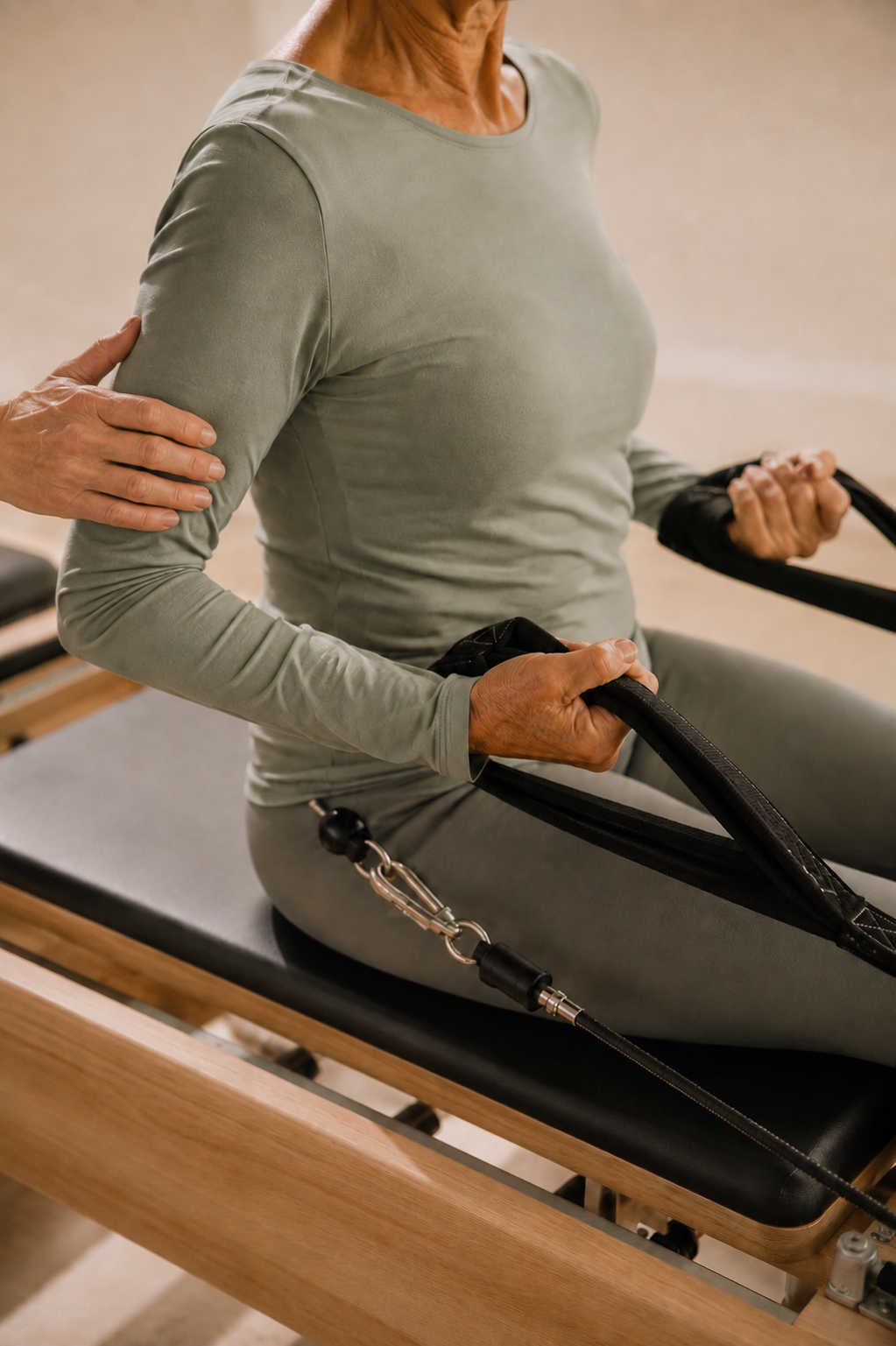 Mujer mayor realizando ejercicios de Pilates Reformer en una cama de madera, con ayuda de un entrenador que le sostiene el brazo.