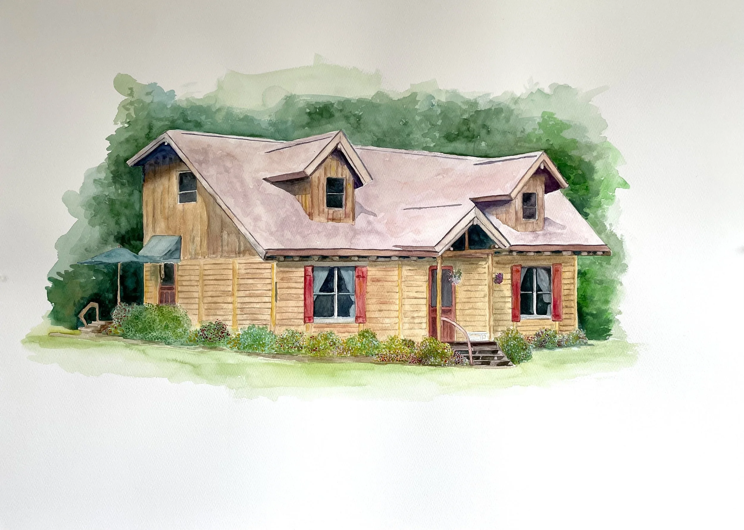 "the cabin" watercolor commission, 22 x 30" 2025