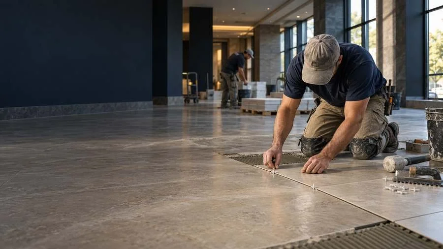 Tile installer setting large-format floor tile with leveling spacers in a commercial lobby