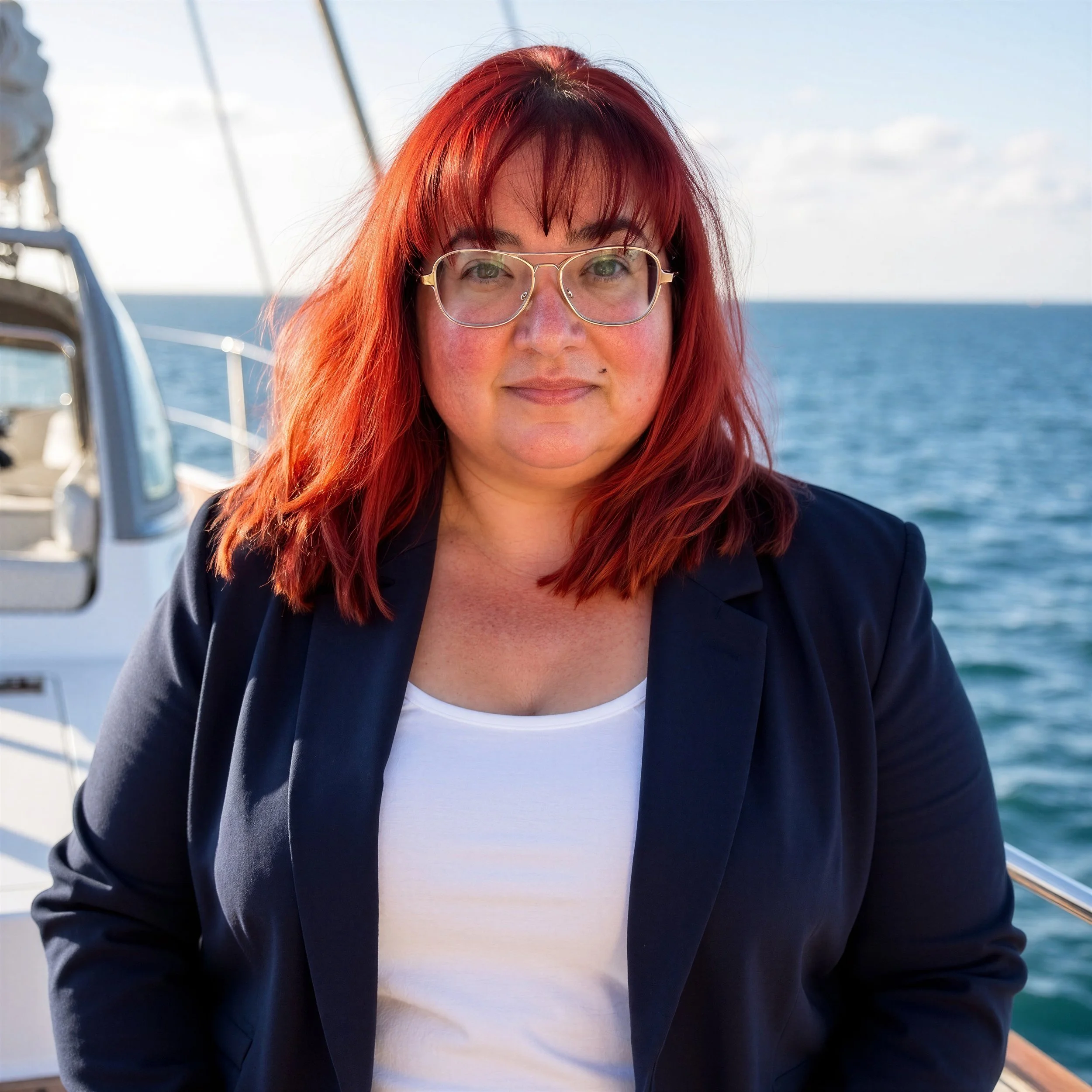 A female real estate agent with red hair and glasses smiling on a boat, with water and sky in the background.