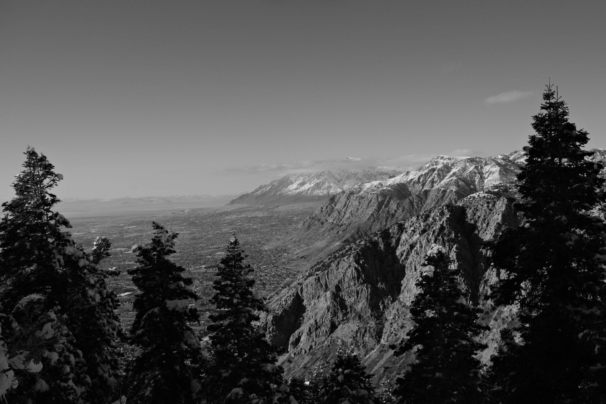 Black and white photo of mountains, trees in foreground, valley below, and a clear sky with some clouds.