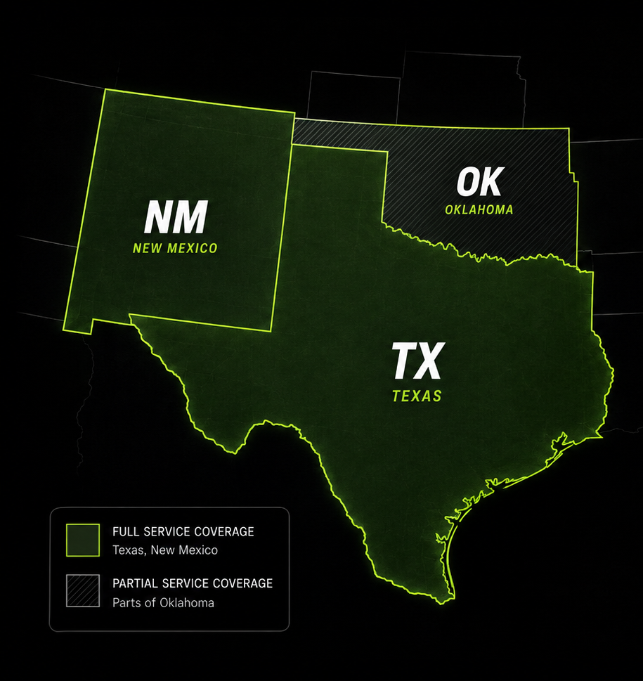 Map of Texas, New Mexico, Oklahoma with details on cell service coverage; Texas and New Mexico have full coverage, Oklahoma has partial coverage.