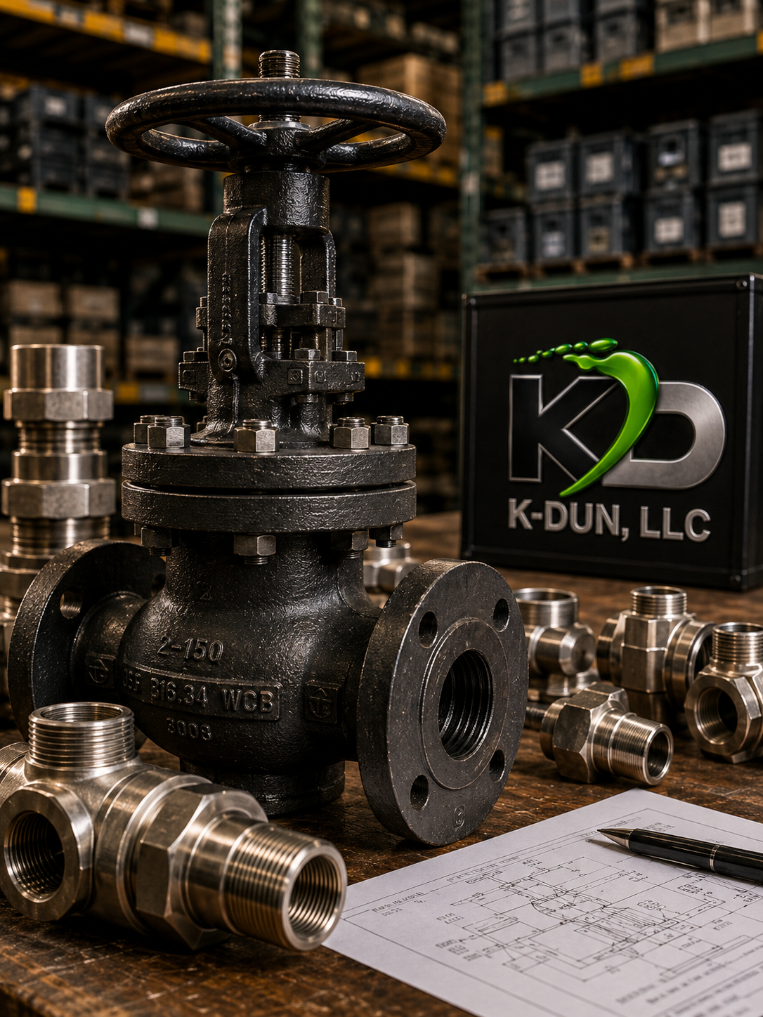 Industrial warehouse with a large valve, metallic fittings, technical drawing, and a sign for K-DUN, LLC.