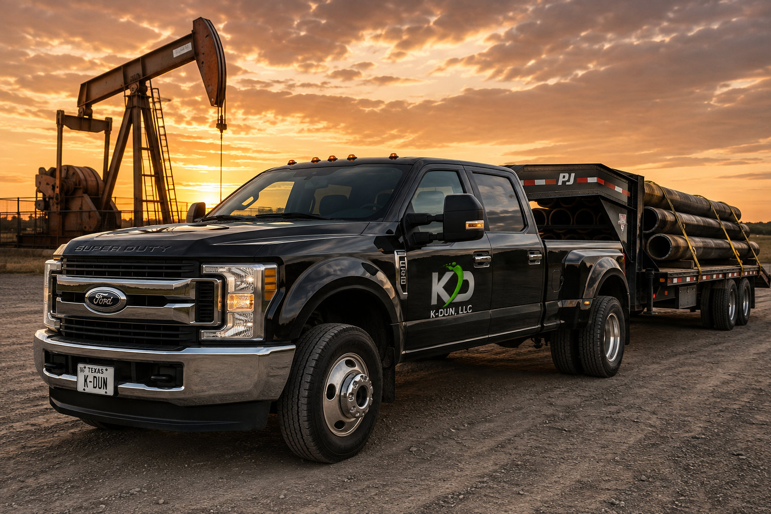 Black Ford Super Duty pickup truck with logo for K-DUN, LLC on the door, carrying stacked metal pipes on a flatbed at sunset with an oil pumpjack in the background.