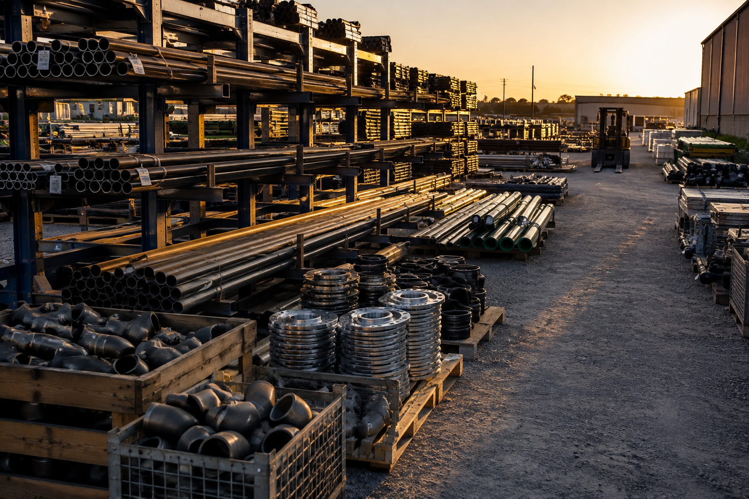 Outdoor industrial yard with metal pipes and fittings on wooden pallets, a forklift in the background, during sunset.