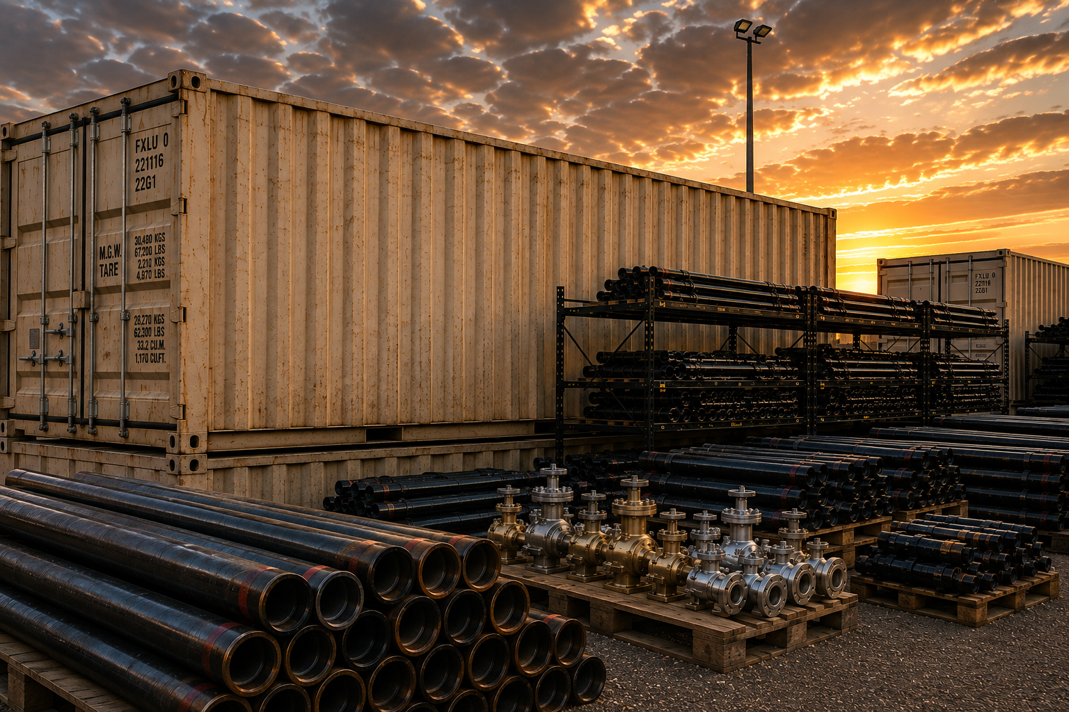 Industrial storage yard with large shipping containers, pipes, and valves at sunset.