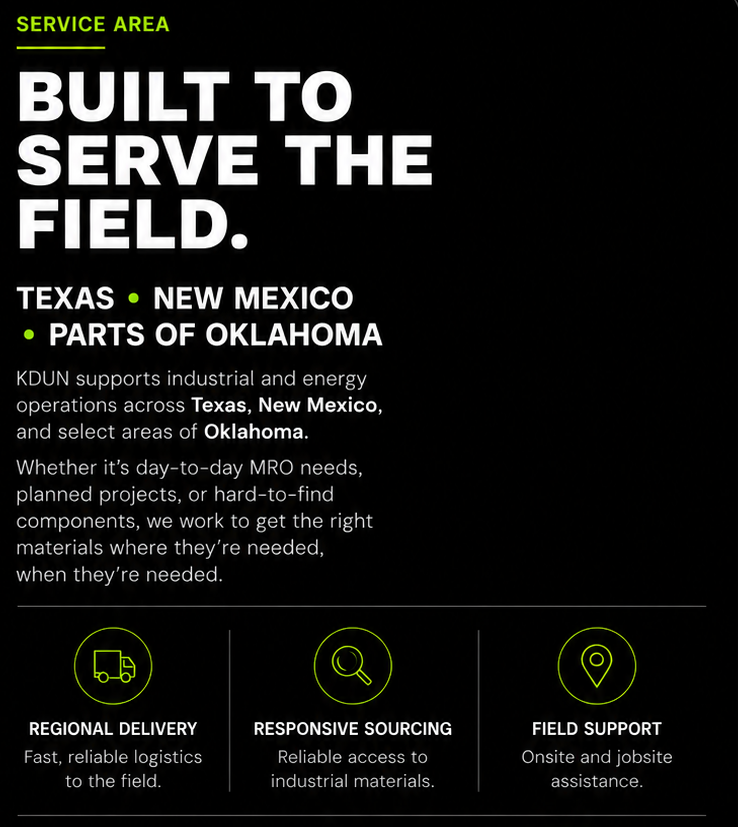 A black poster promoting a service area for industrial and energy operations across Texas, New Mexico, and parts of Oklahoma. The poster states 'Built to serve the field' and highlights regional delivery, responsive sourcing, and field support, with white and green text and icons.