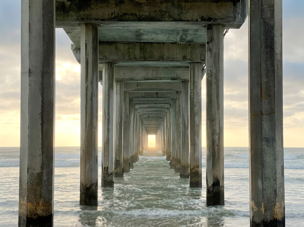 View from underneath a pier over the ocean during sunset, with the pier's concrete supports leading into the distance.