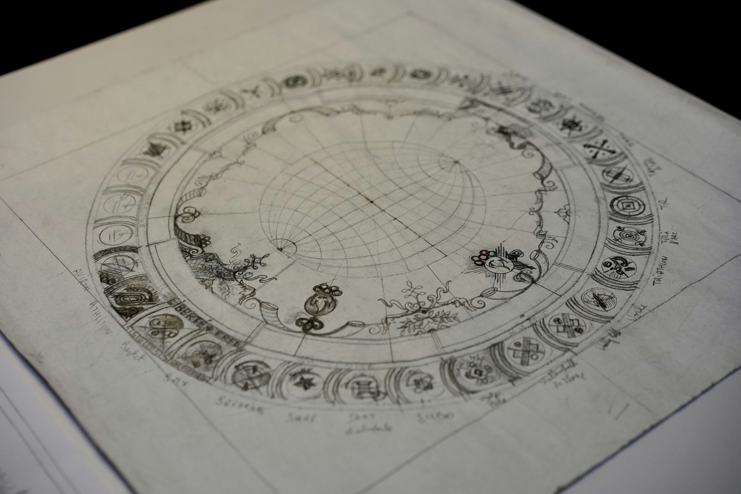 A detailed circular astrological chart with symbols for zodiac signs.