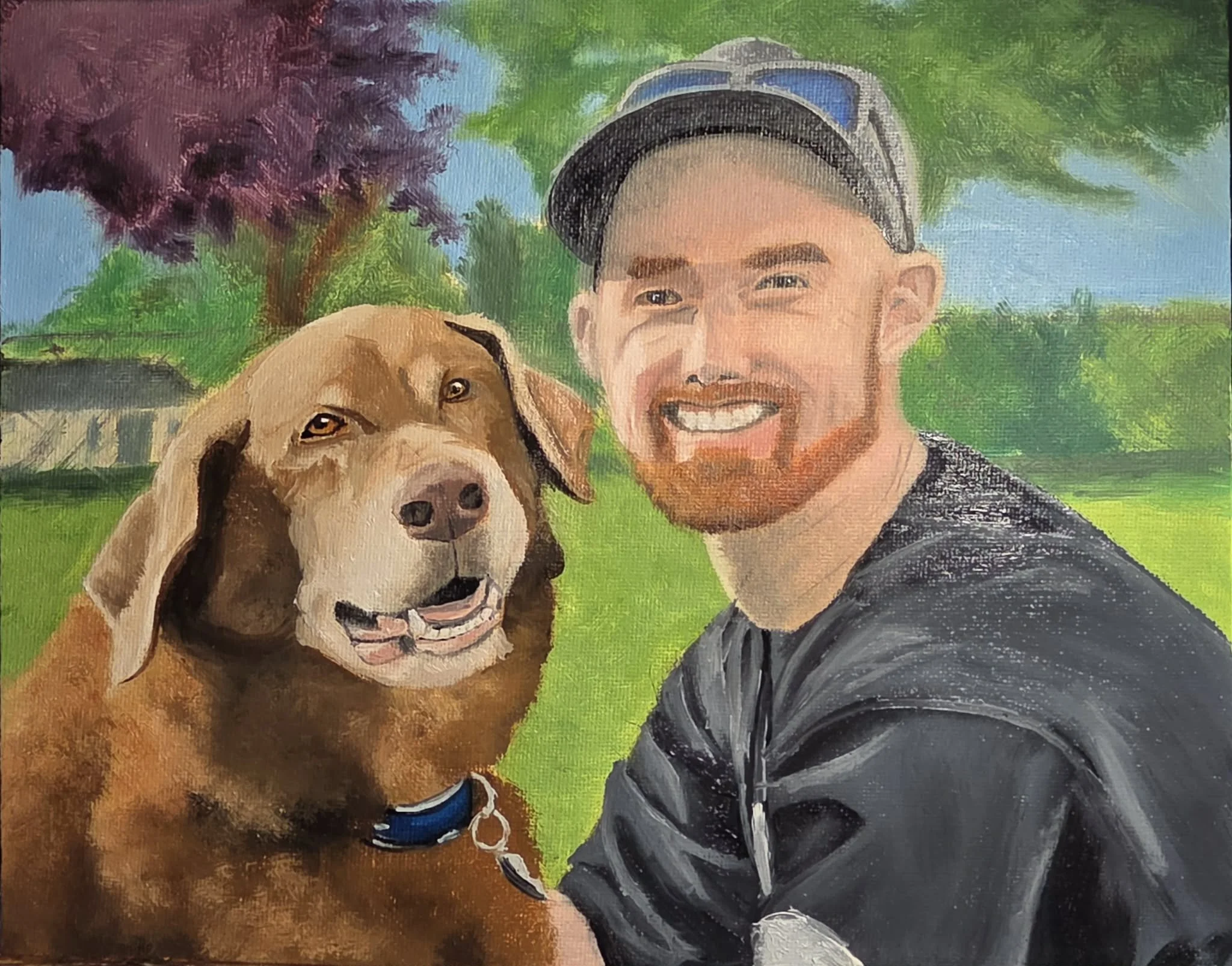 A man smiling with a beard and a cap, a brown dog with a collar, and trees with purple and green leaves in a painting style.