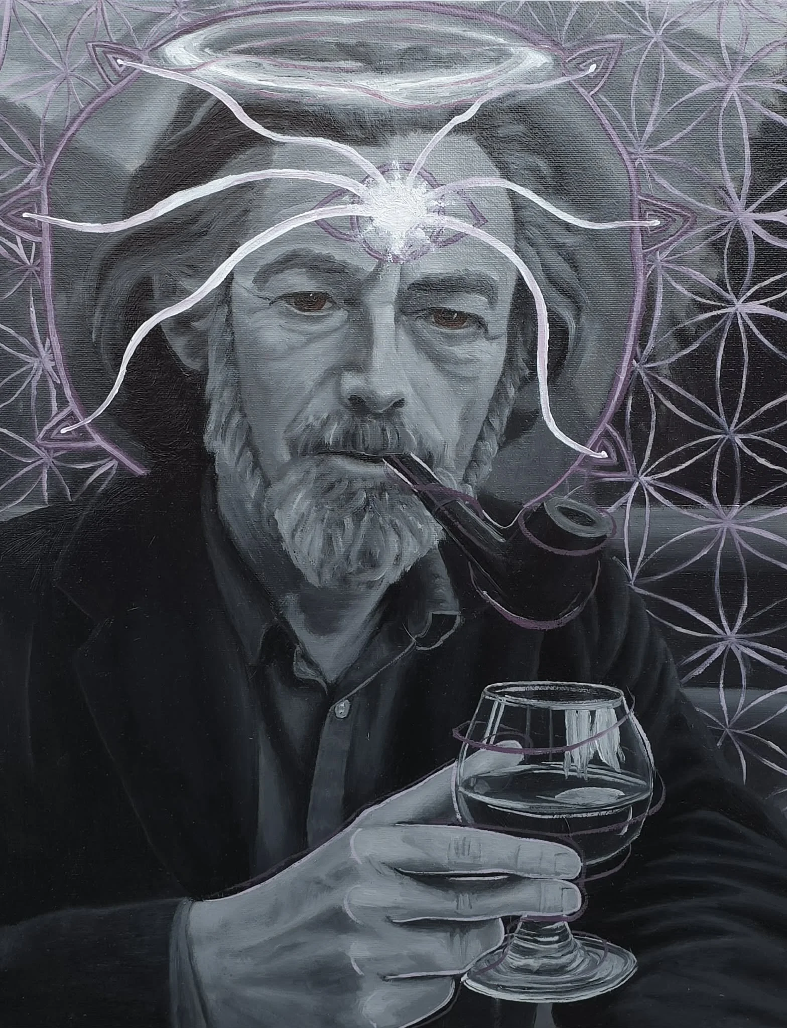 A grayscale painting of a man with a beard, holding a glass of wine and smoking a pipe, with intricate geometric patterns in the background and glowing lines surrounding his head.